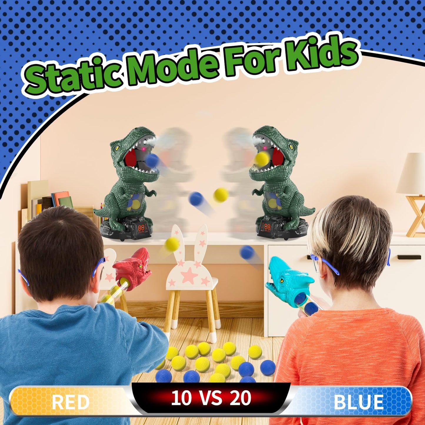 BLmukce Dinosaur Shooting Game for Kids – 2 Launchers, 48 Foam Bullets, 3 Modes