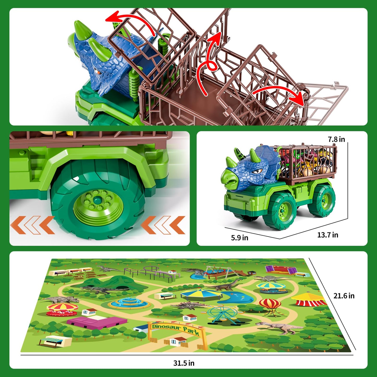 BLmukce Dinosaur Transport Truck Set with 8 Figures & Play Mat (3-5 yrs)