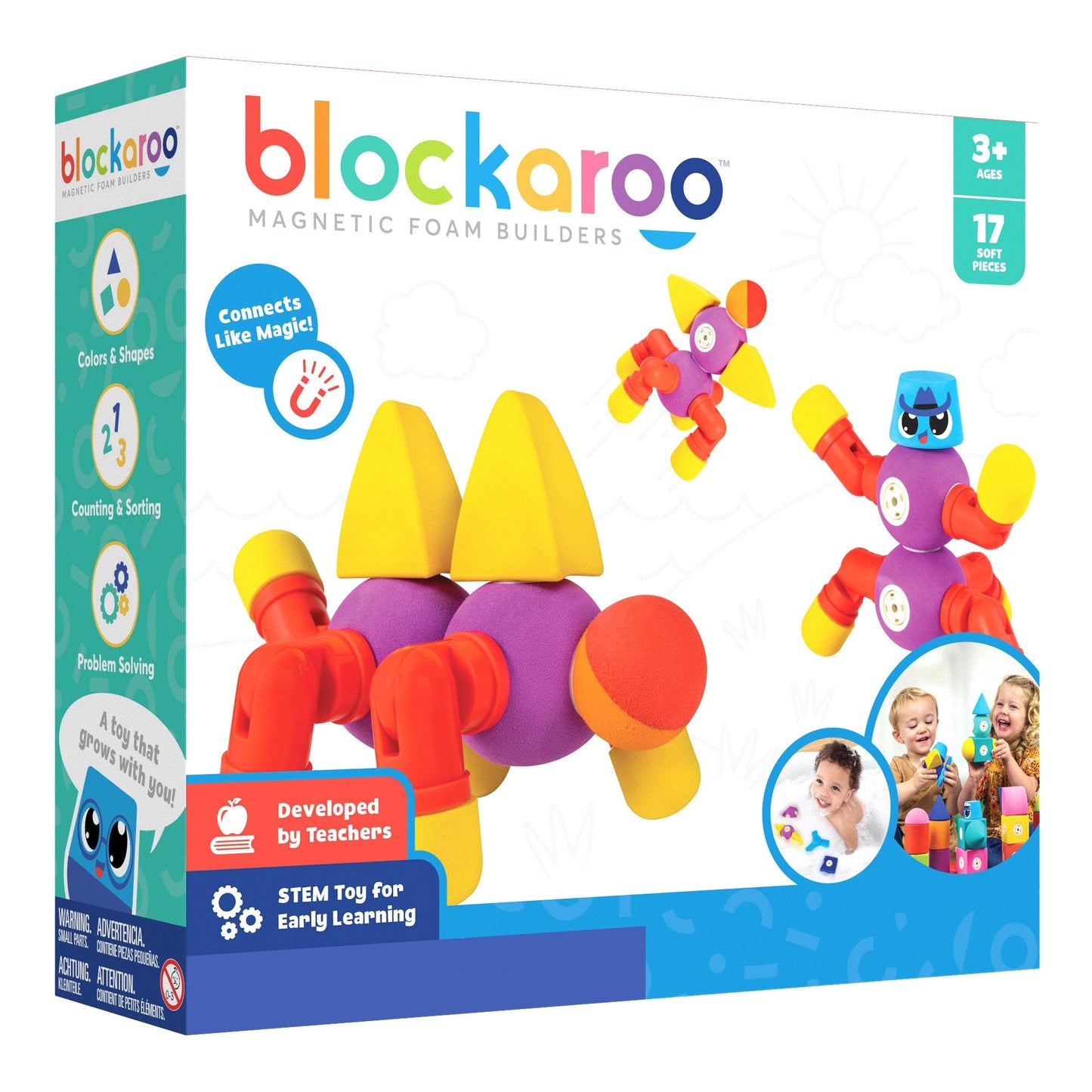 Blockaroo Magnetic Foam Blocks – 17-Piece Critter Set | Bath & STEM Toys