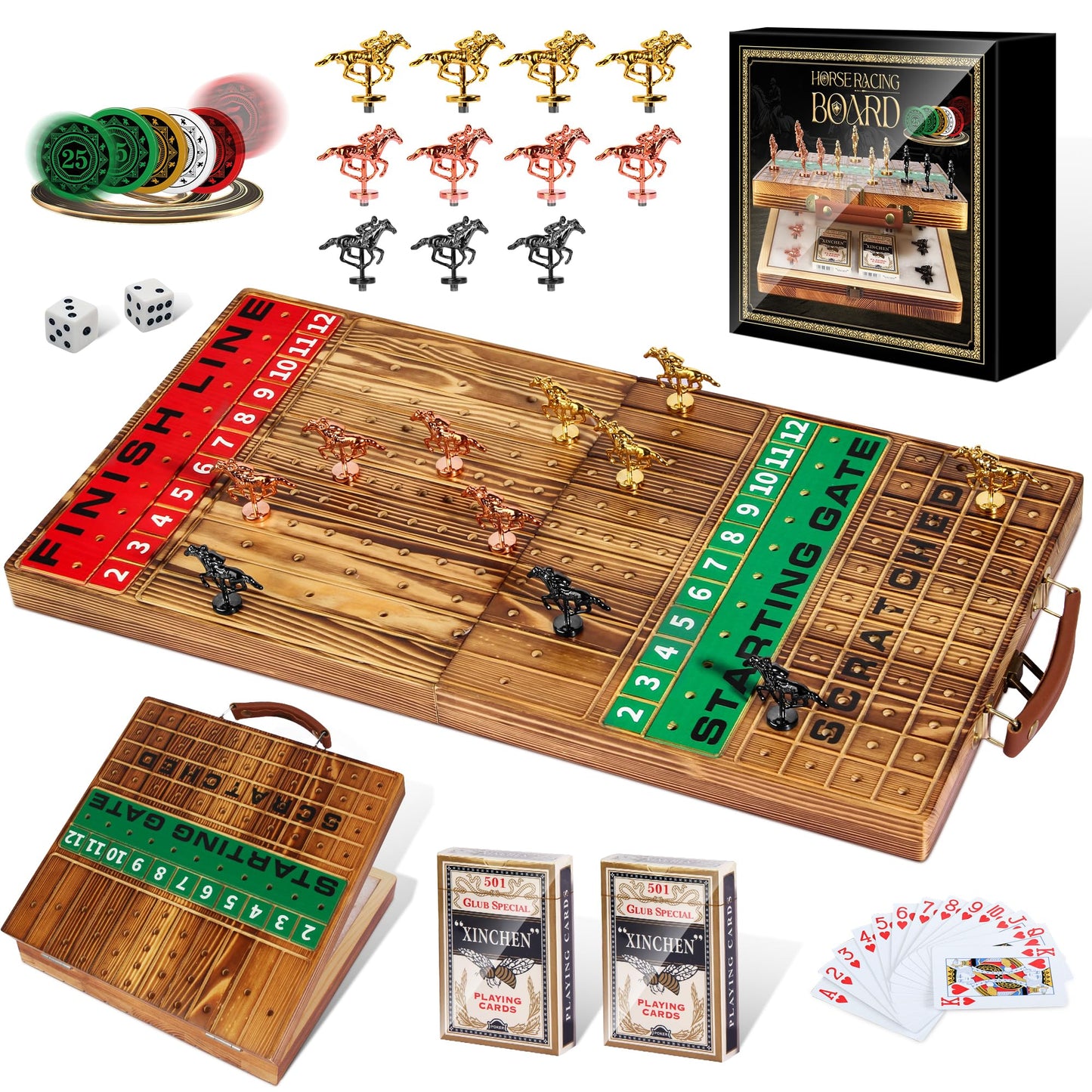 BlockstarterX Large Foldable Horse Race Board Game for Adults – 22.8-Inch Wooden Racing Board with 11 Metal Horses