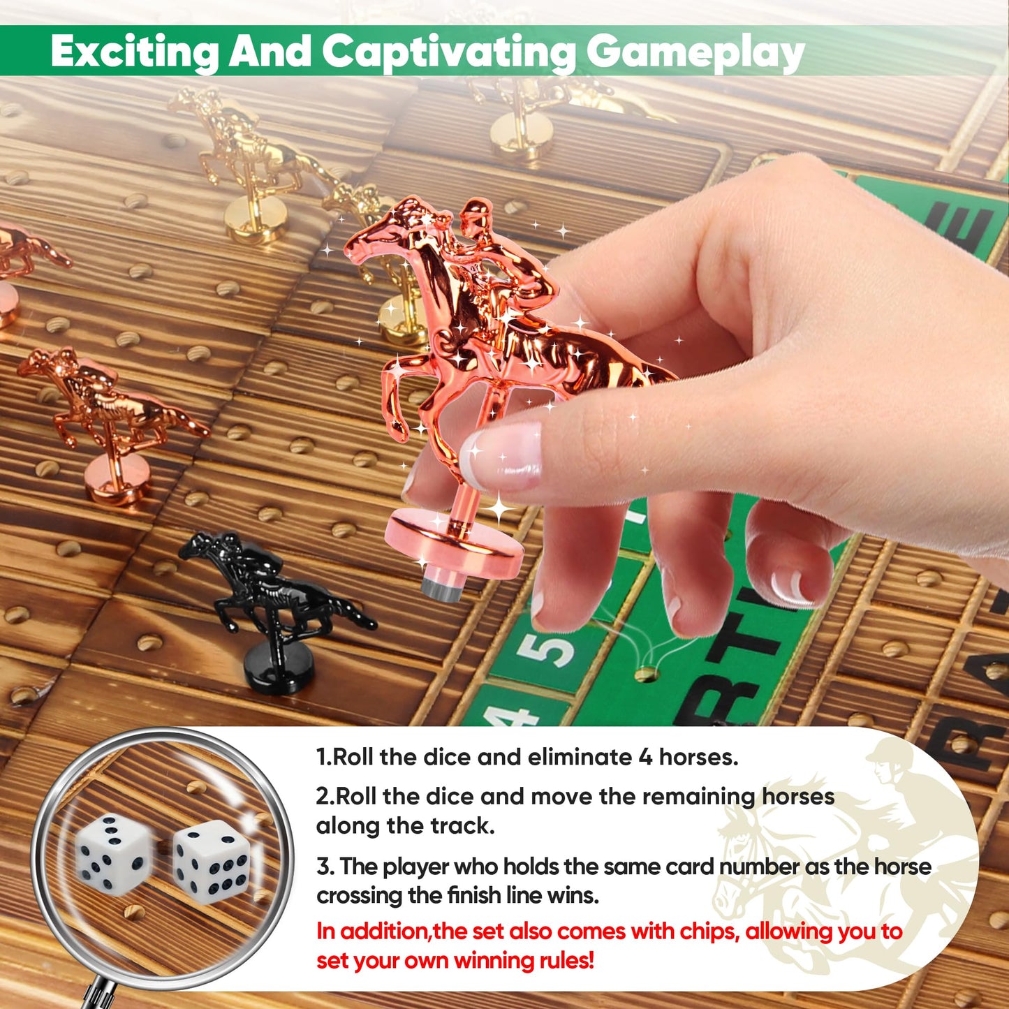 BlockstarterX Large Foldable Horse Race Board Game for Adults – 22.8-Inch Wooden Racing Board with 11 Metal Horses