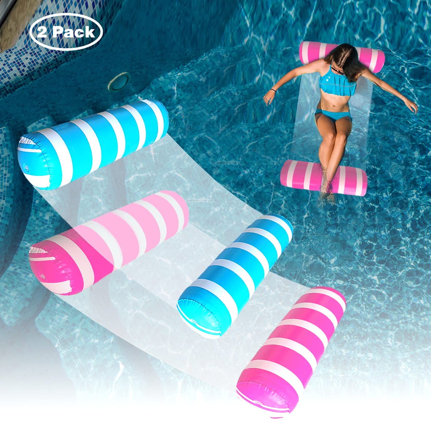 BLOFUN 2-Pack Water Lounger Hammock – Inflatable Pool Floats for Adults (4-in-1)