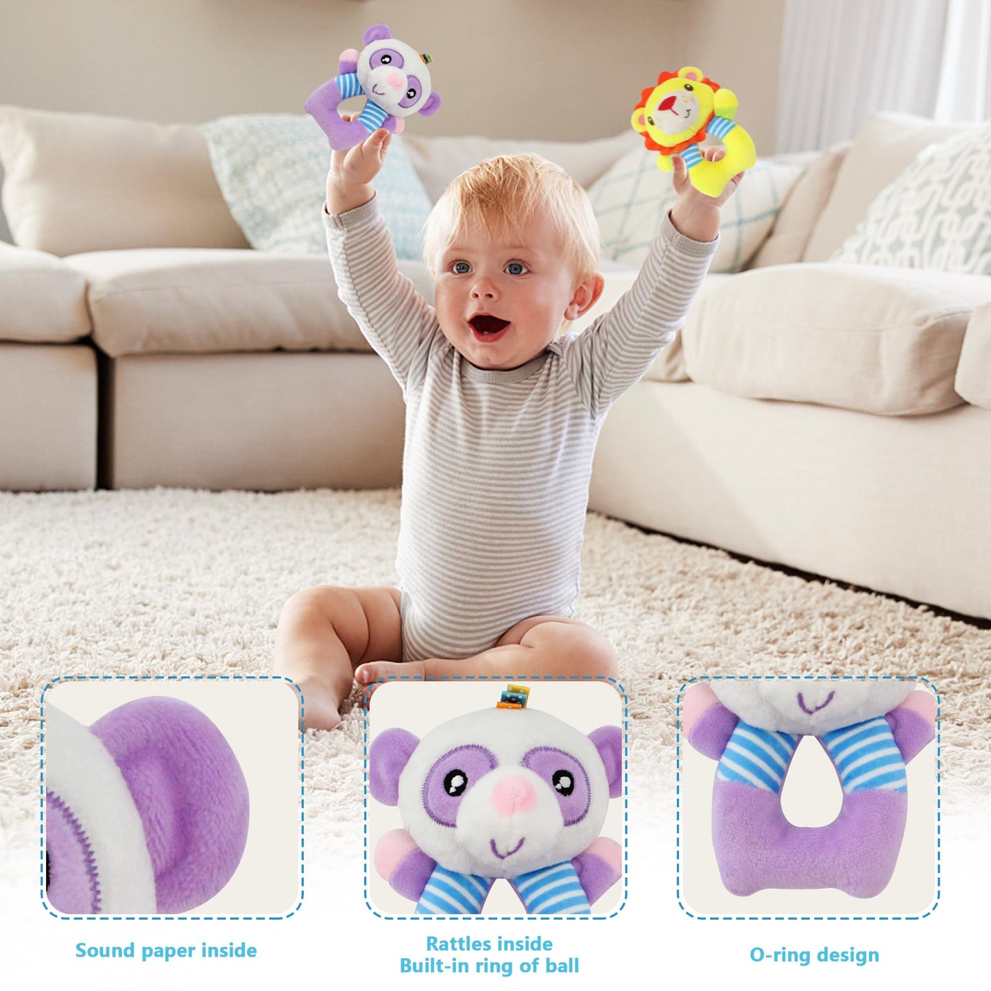 BLOOBLOOMAX Baby Car Seat Toys – 2 Plush Rattle Socks for Newborns