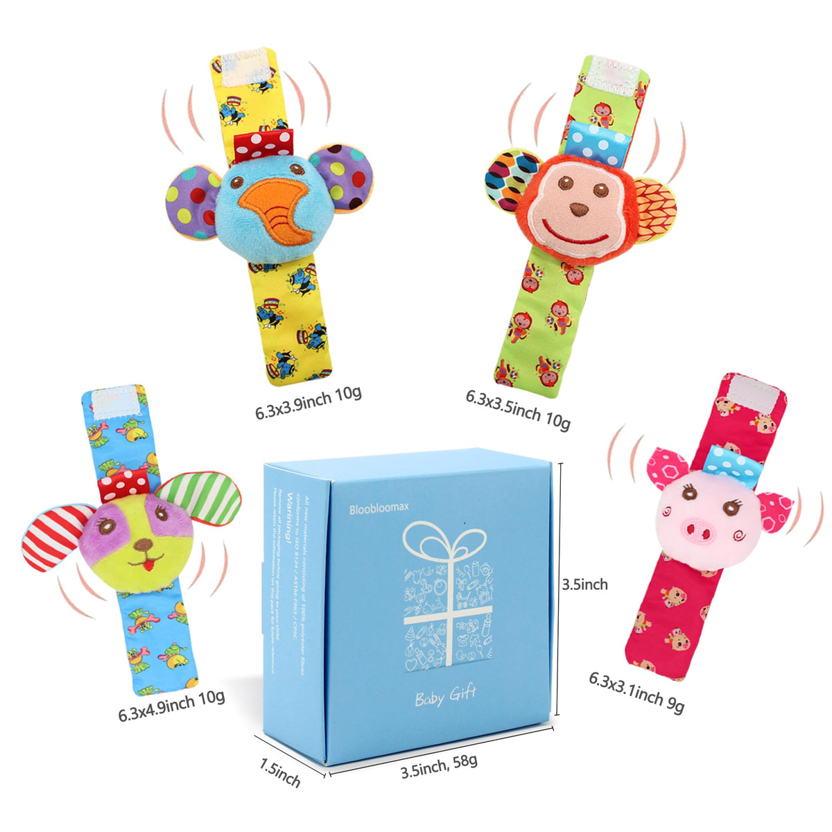BLOOBLOOMAX Wrist Rattles for Babies 0-24 Months – Animal Hand & Foot Finder Educational Toys (4-Pack)