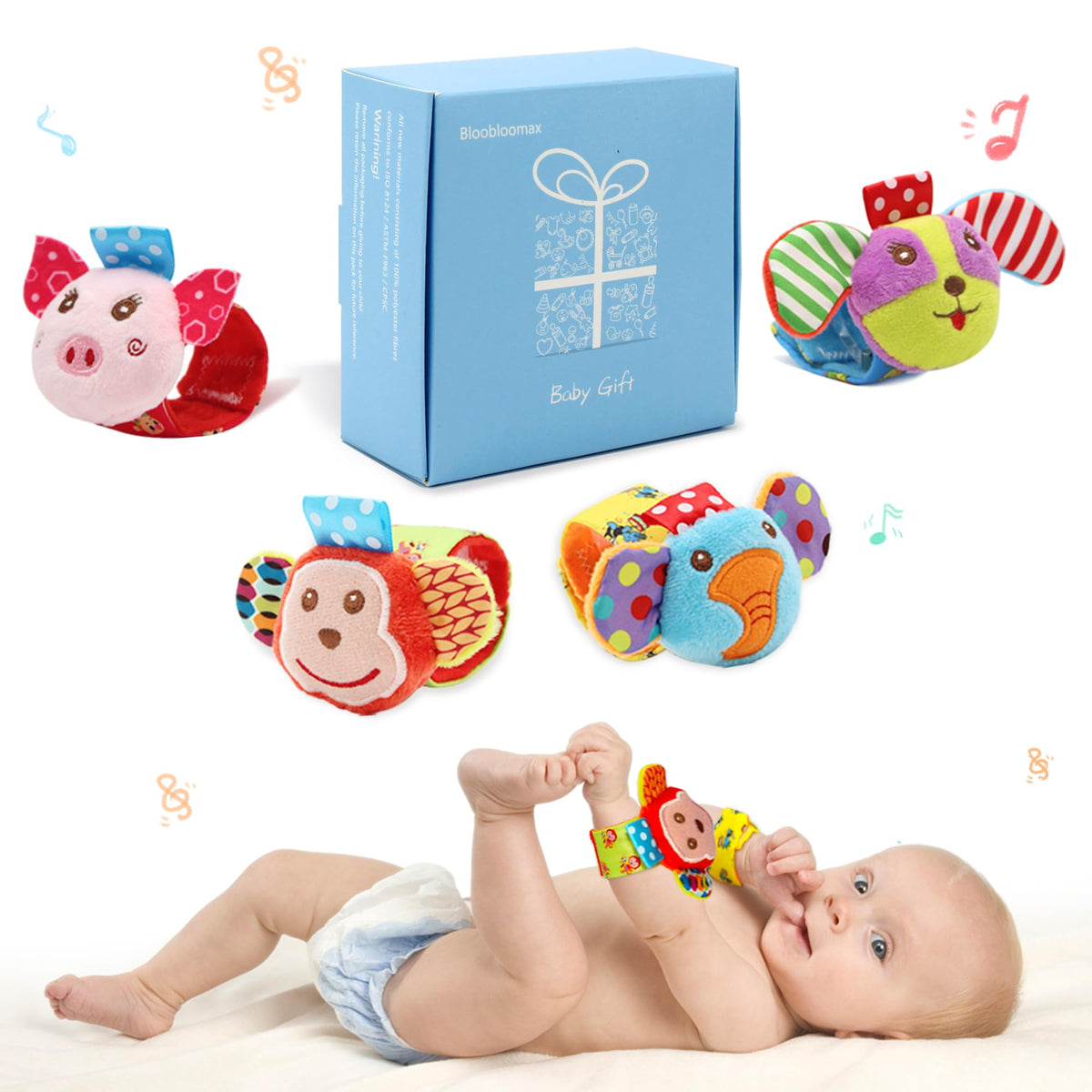 BLOOBLOOMAX Wrist Rattles for Babies 0-24 Months – Animal Hand & Foot Finder Educational Toys (4-Pack)