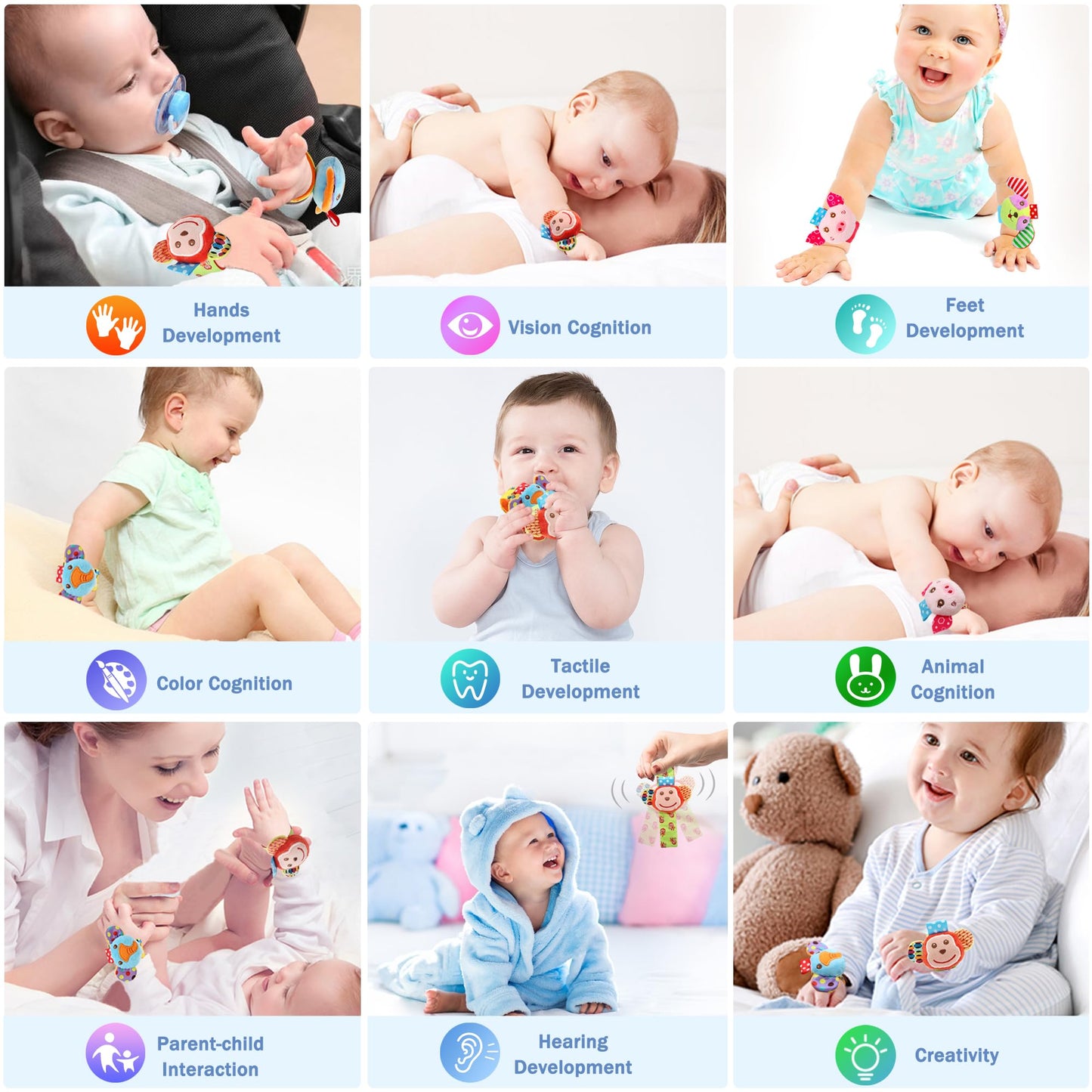 BLOOBLOOMAX Wrist Rattles for Babies 0-24 Months – Animal Hand & Foot Finder Educational Toys (4-Pack)