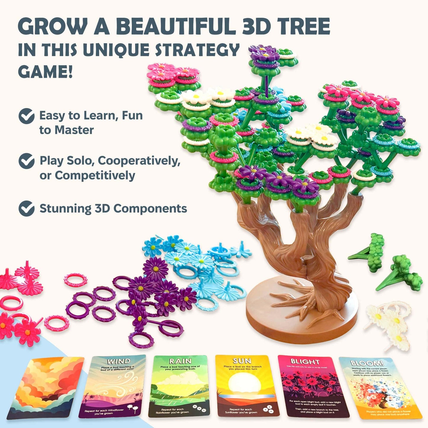 Bloomchasers 3D Flower Stacking Tree Board Game – Family Strategy, Expansion, 1–6 Players