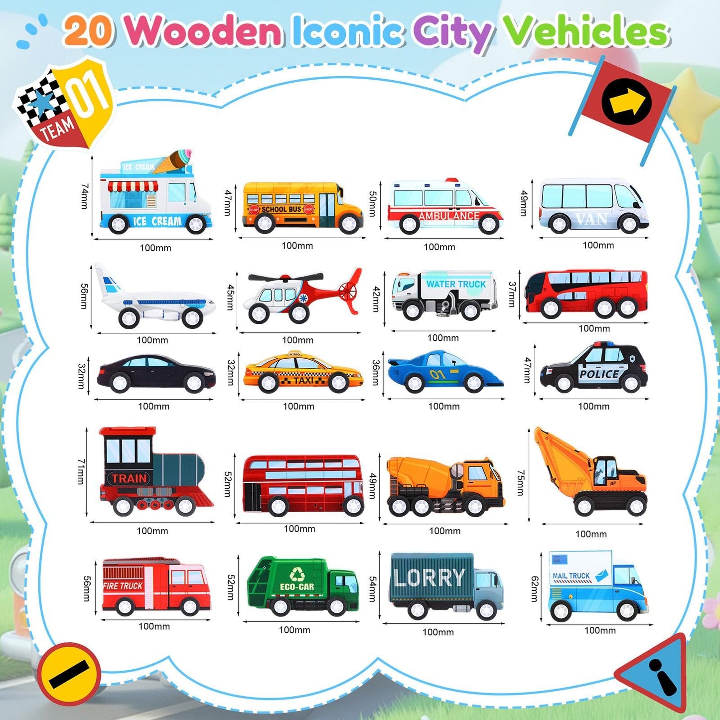 Blosssound 20-Piece Wooden Car Set for Toddlers – Community Helpers Vehicles