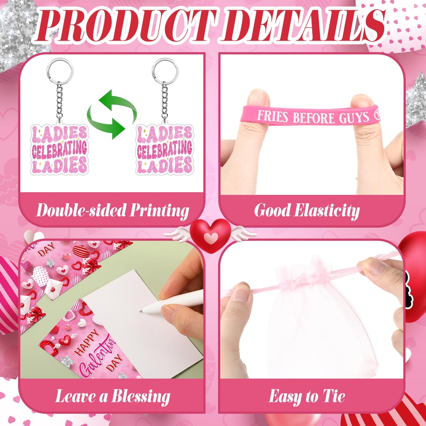 Blosssound 96 Pcs Happy Galentine's Day Gifts Bulk – Bracelets, Keychains, Bookmarks & Organza Bags