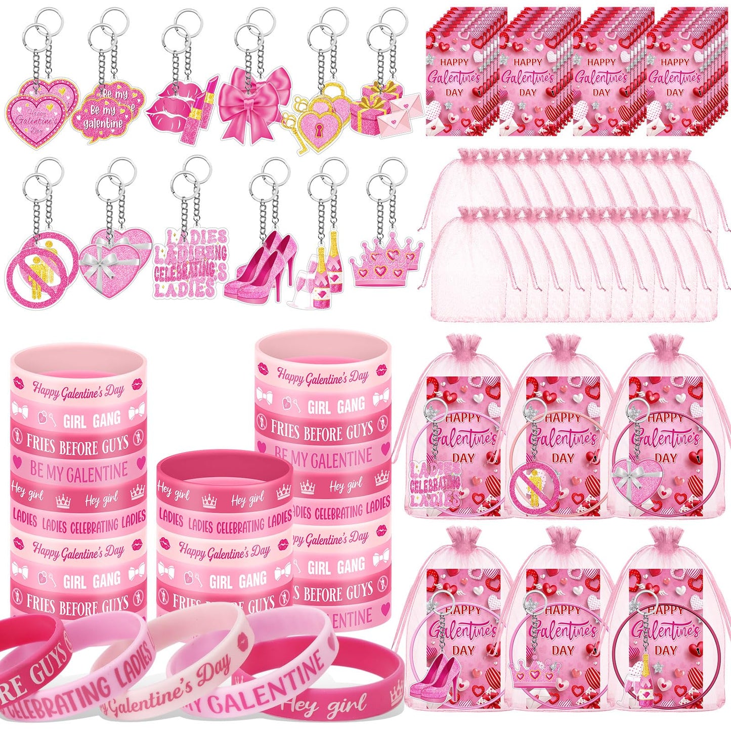 Blosssound 96 Pcs Happy Galentine's Day Gifts Bulk – Bracelets, Keychains, Bookmarks & Organza Bags