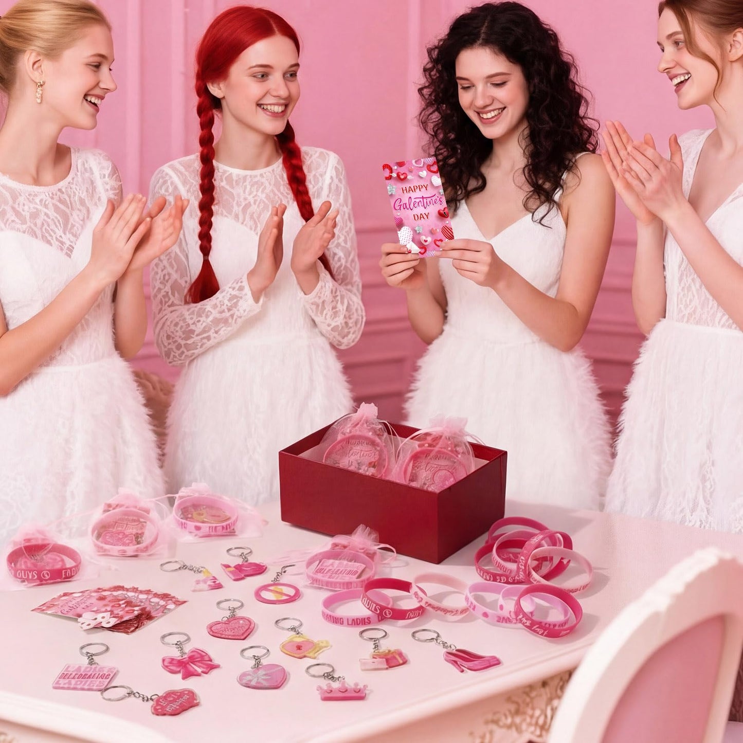 Blosssound 96 Pcs Happy Galentine's Day Gifts Bulk – Bracelets, Keychains, Bookmarks & Organza Bags
