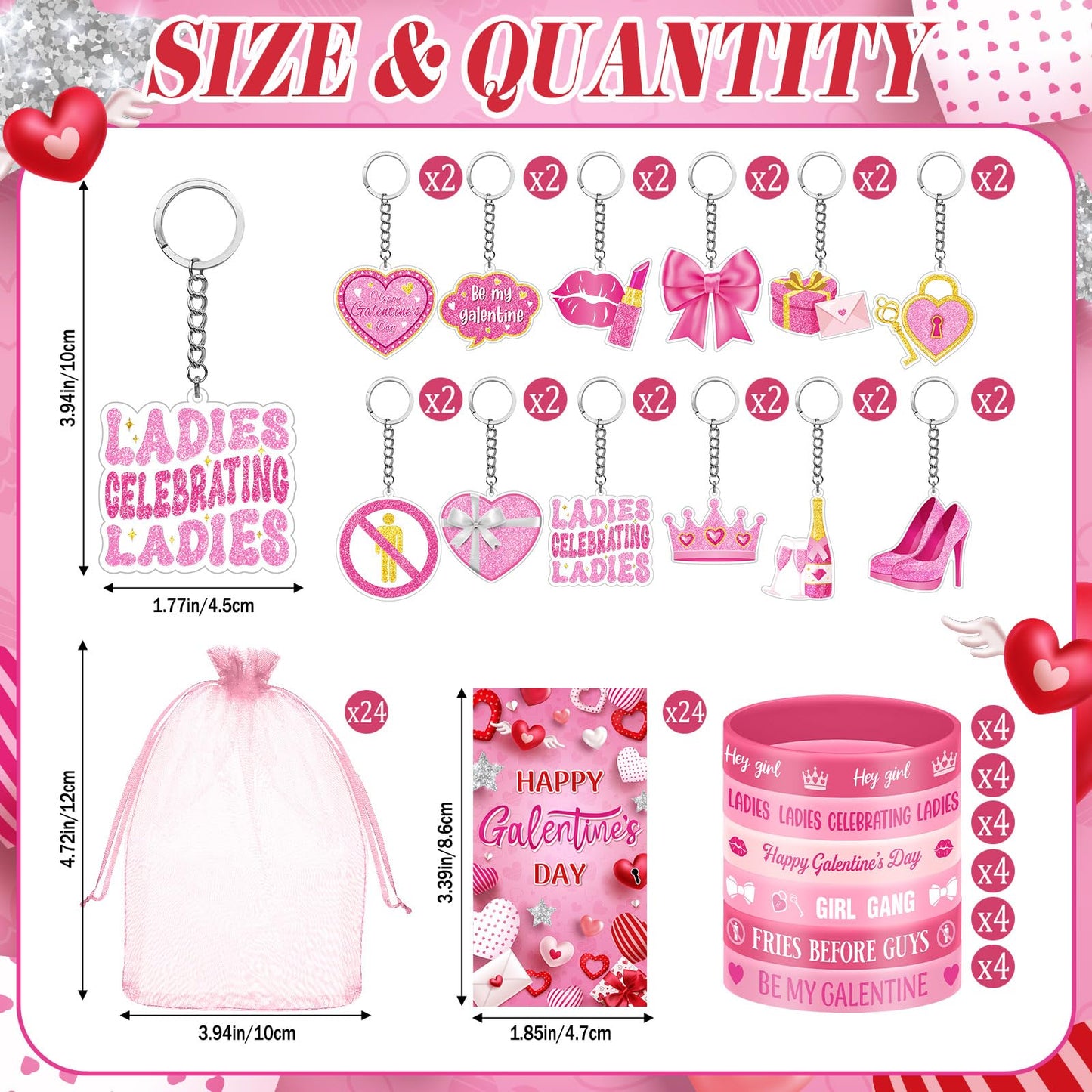 Blosssound 96 Pcs Happy Galentine's Day Gifts Bulk – Bracelets, Keychains, Bookmarks & Organza Bags