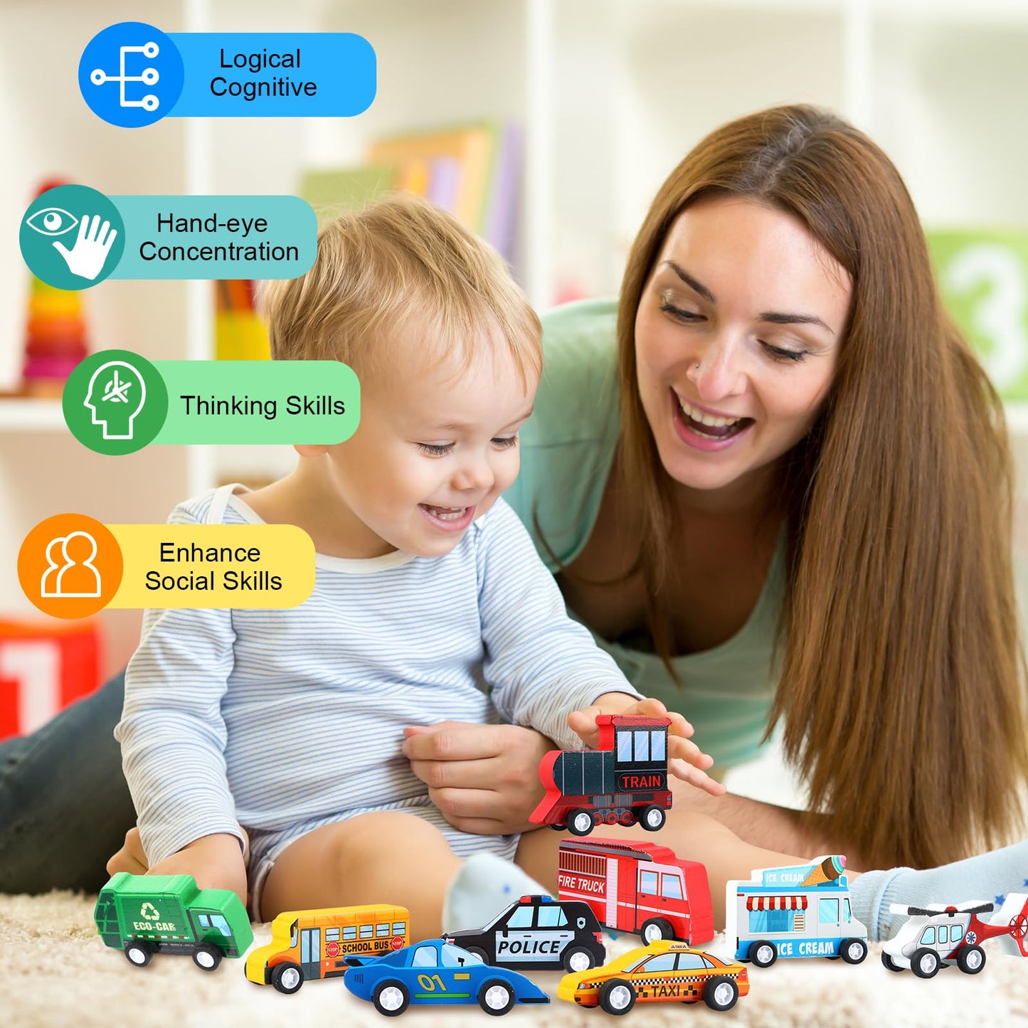 Blosssound 20-Piece Wooden Car Set for Toddlers – Community Helpers Vehicles
