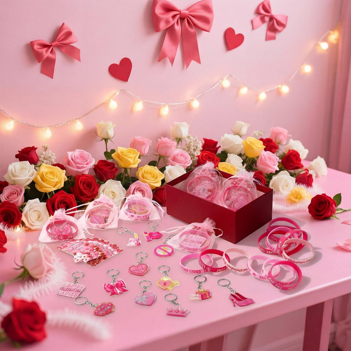 Blosssound 96 Pcs Happy Galentine's Day Gifts Bulk – Bracelets, Keychains, Bookmarks & Organza Bags