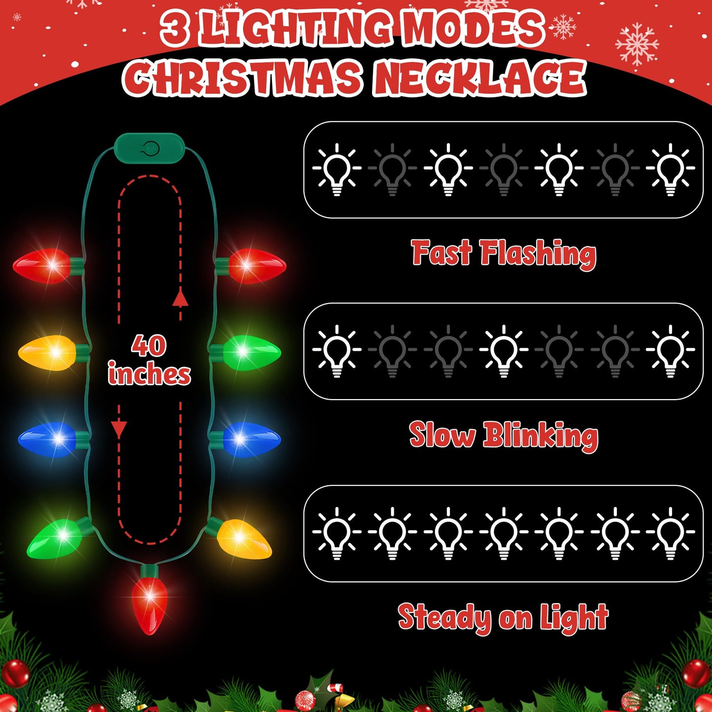 Blowata 50PCS Christmas Light Up Necklace – 3-Mode LED Bulbs for Xmas Parties