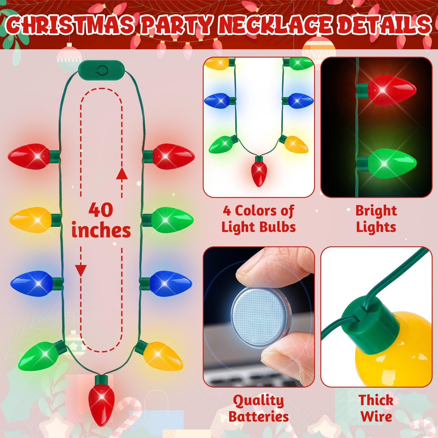 Blowata Light Up Christmas Necklace – 40in, 9 Bulbs, 3 Glow Modes