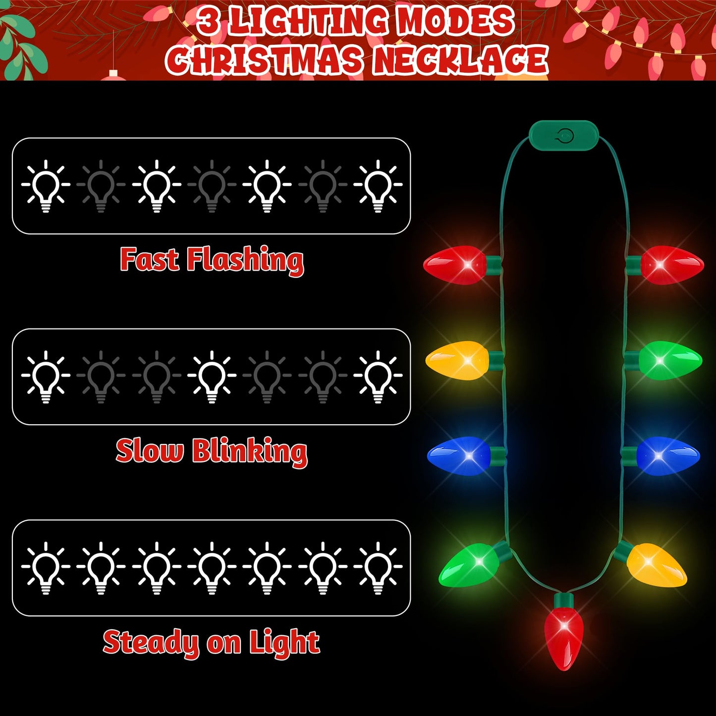 Blowata Light Up Christmas Necklace – 40in, 9 Bulbs, 3 Glow Modes