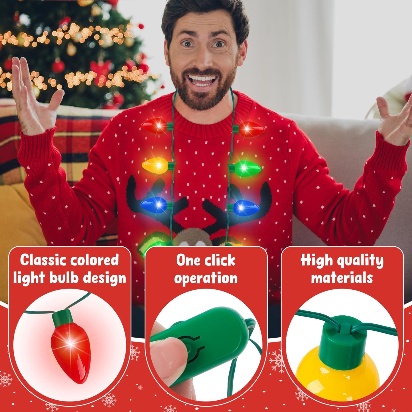 Blowata 50PCS Christmas Light Up Necklace – 3-Mode LED Bulbs for Xmas Parties