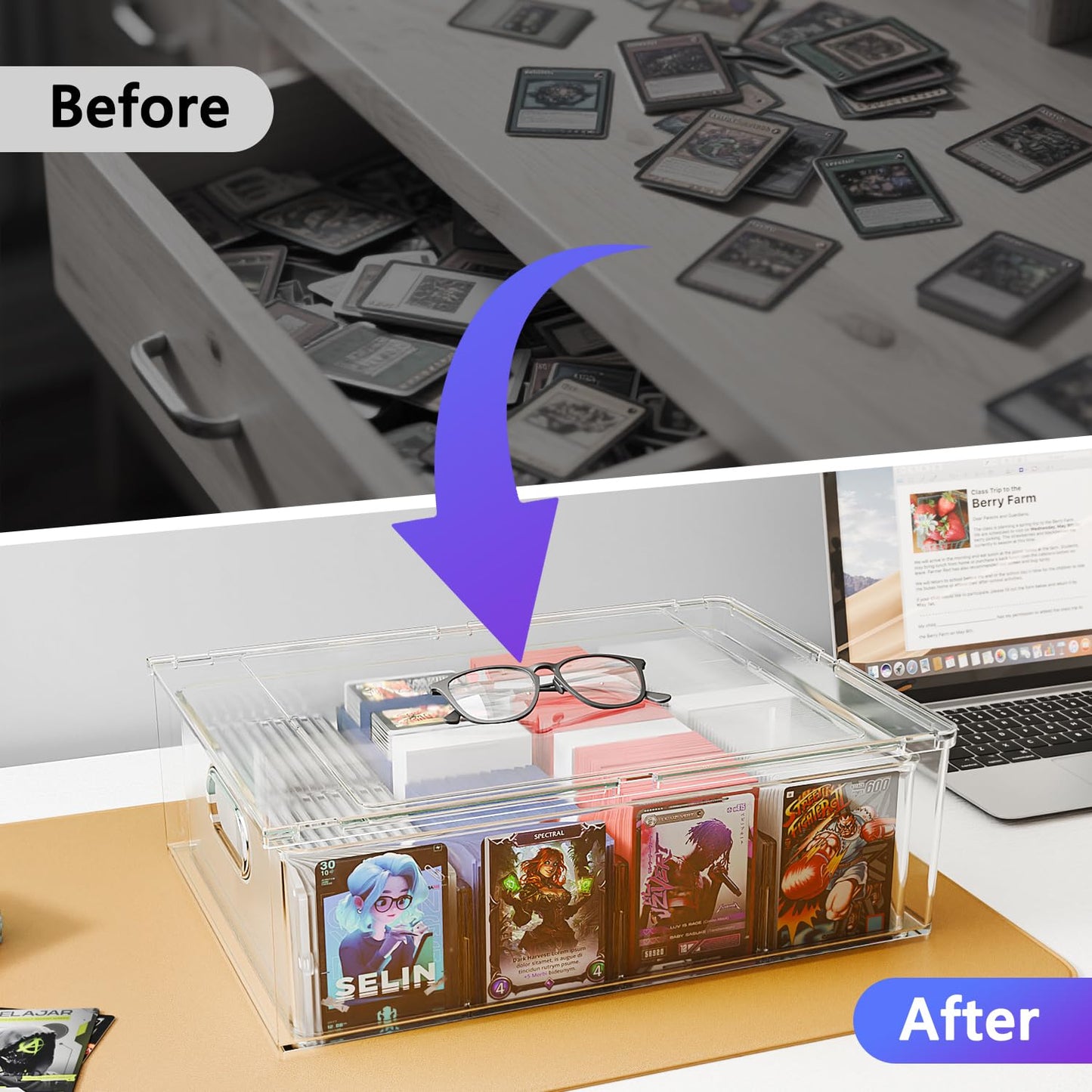 BluBrk Trading Card Storage Box – Clear Display Case for 3,200 Cards with Dividers & Foam