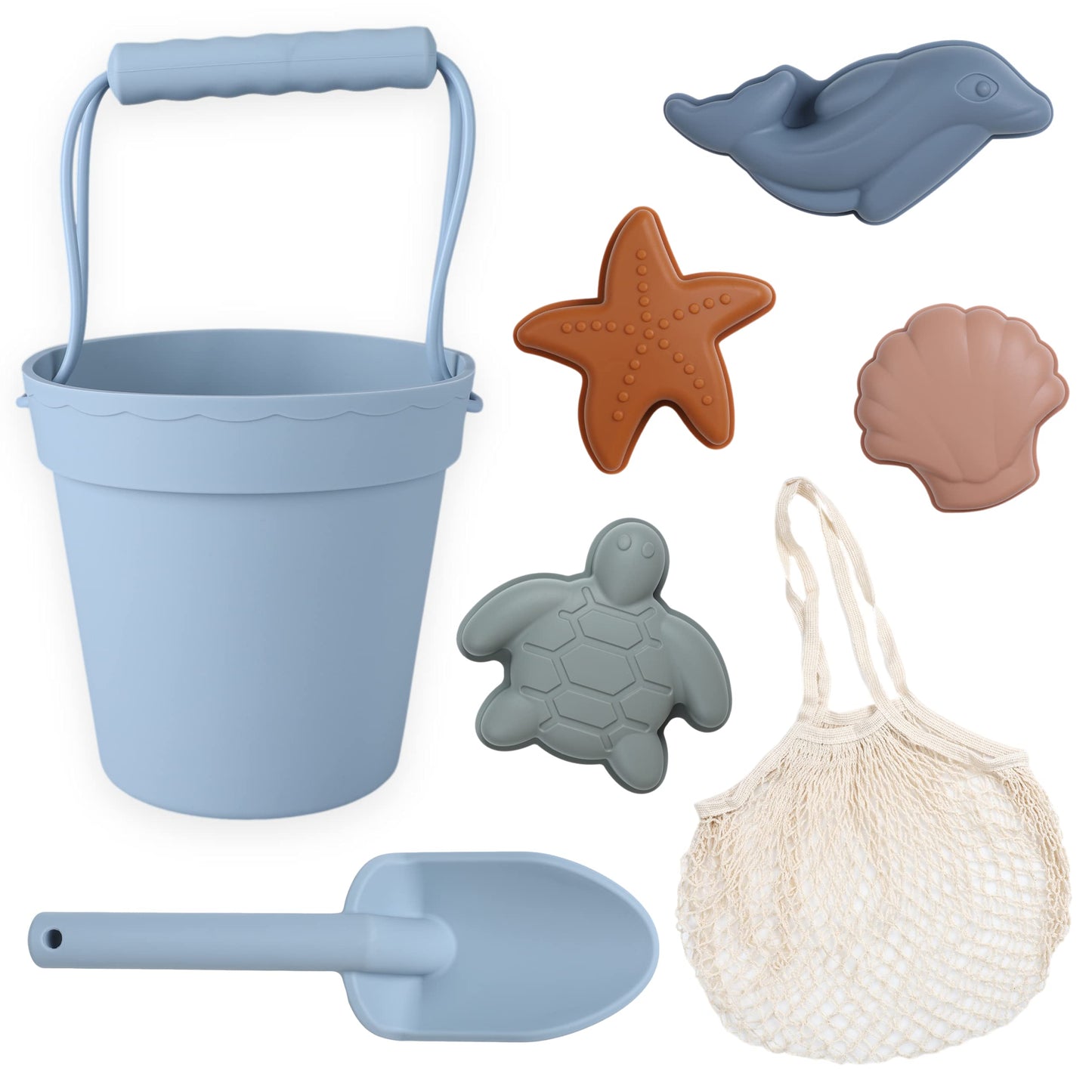 BLUE GINKGO Modern Baby Sand Toys – Travel-Friendly Silicone Bucket, Shovel & 4 Molds (Blue)