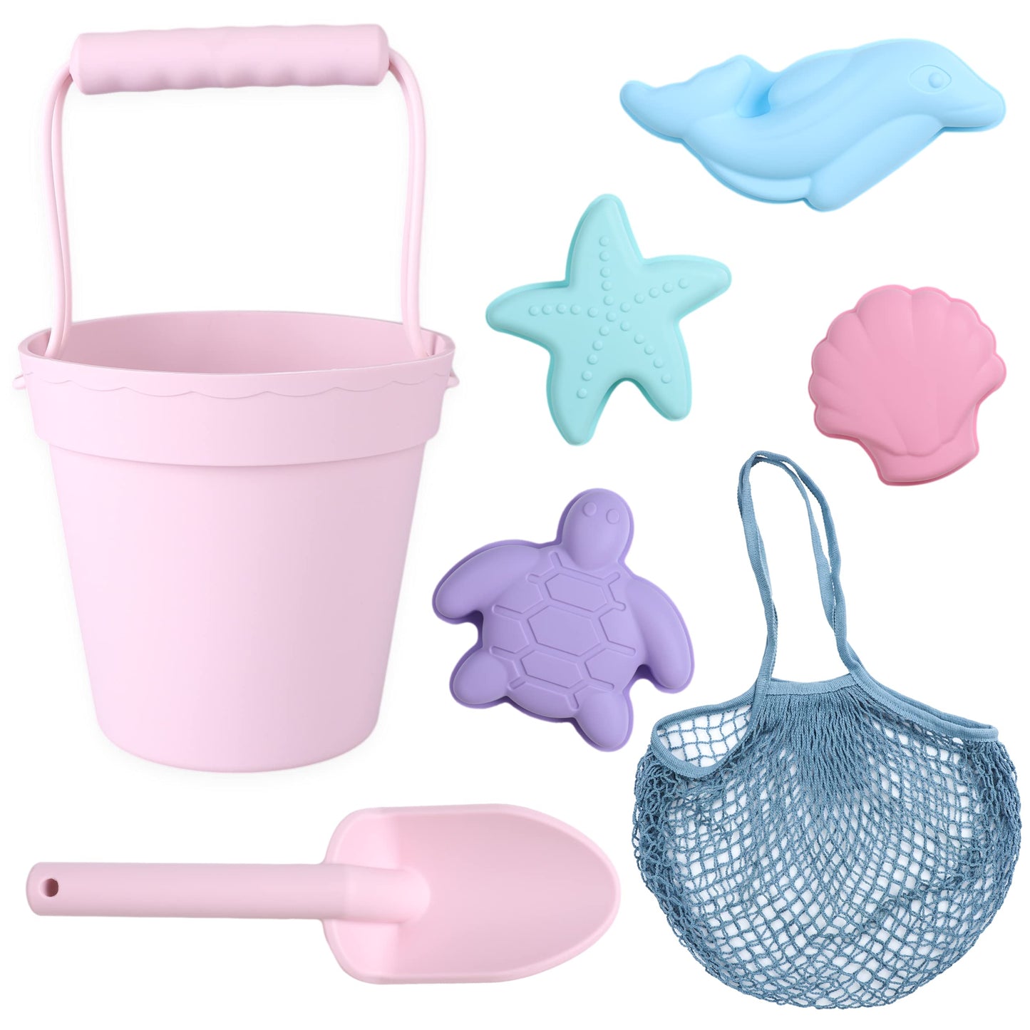 BLUE GINKGO Silicone Beach Toys - Travel-Ready Pink Set with Bucket, Shovel, 4 Molds & Tote