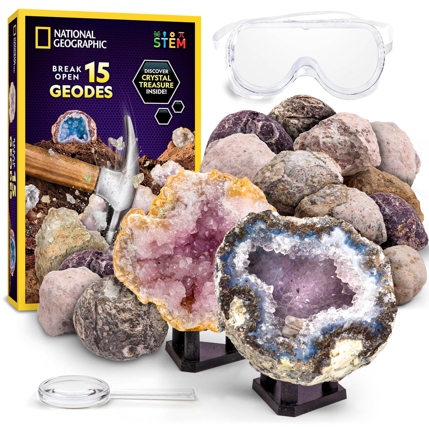 Blue Marble National Geographic Break Open 15 Premium Geodes Kit – Goggles, Guide & 3 Stands