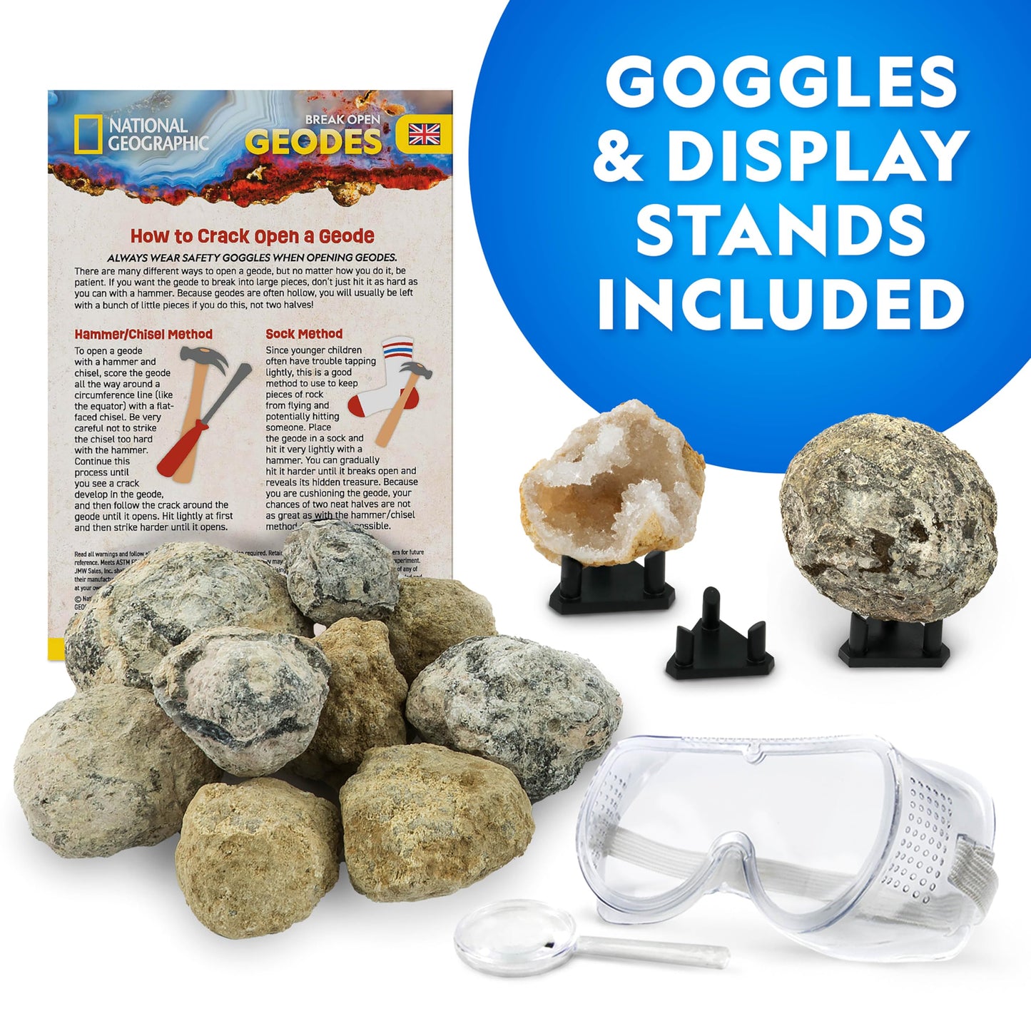 Blue Marble National Geographic Break Open 15 Premium Geodes Kit – Goggles, Guide & 3 Stands