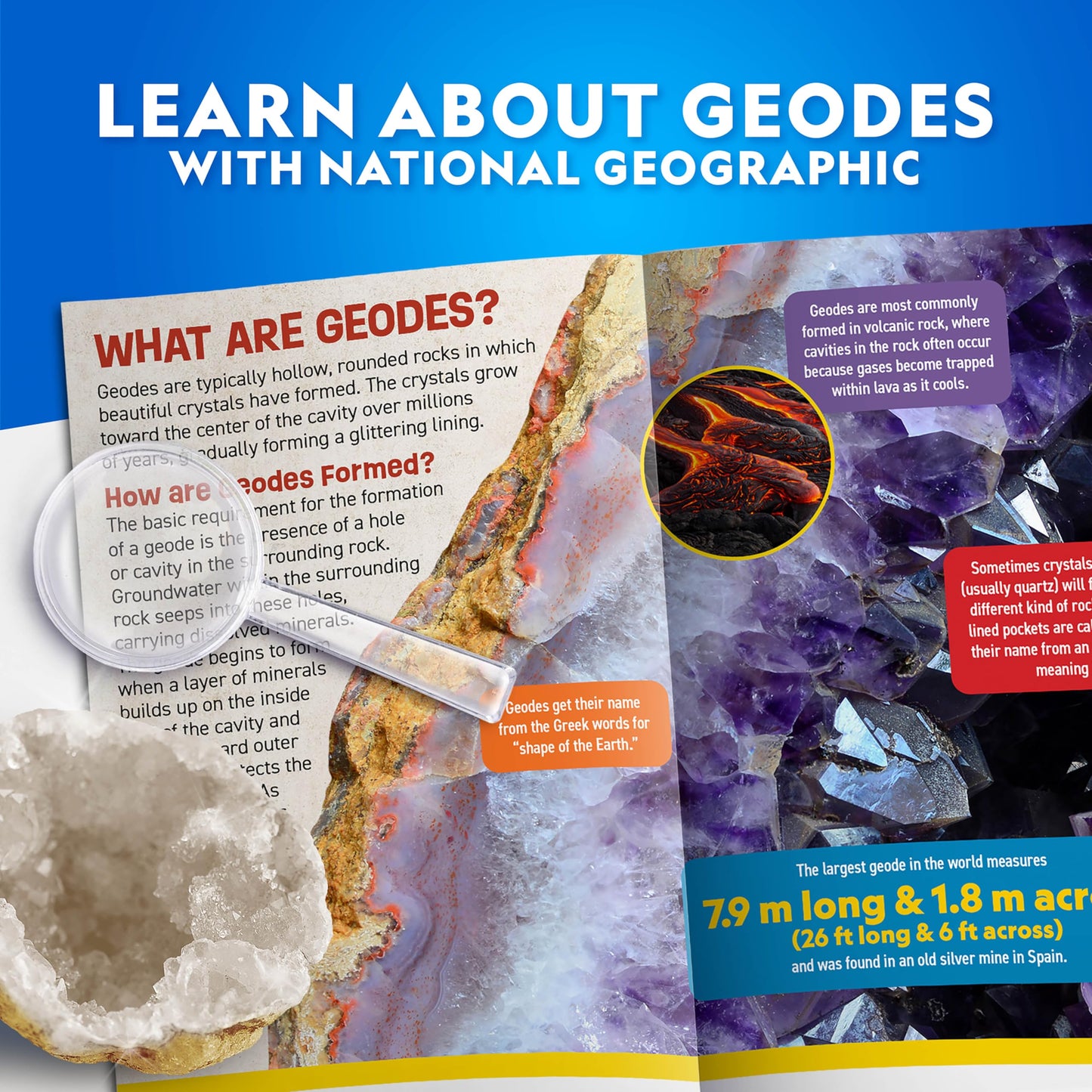 Blue Marble National Geographic Break Open 15 Premium Geodes Kit – Goggles, Guide & 3 Stands
