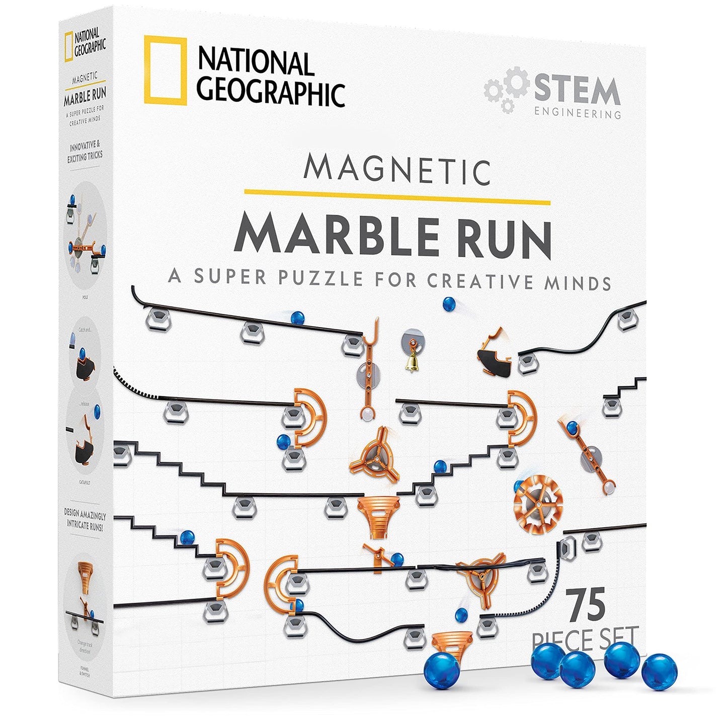 Blue Marble National Geographic Magnetic Marble Run - 75-Piece STEM Building Set | Magnetic Tracks & Trick Pieces