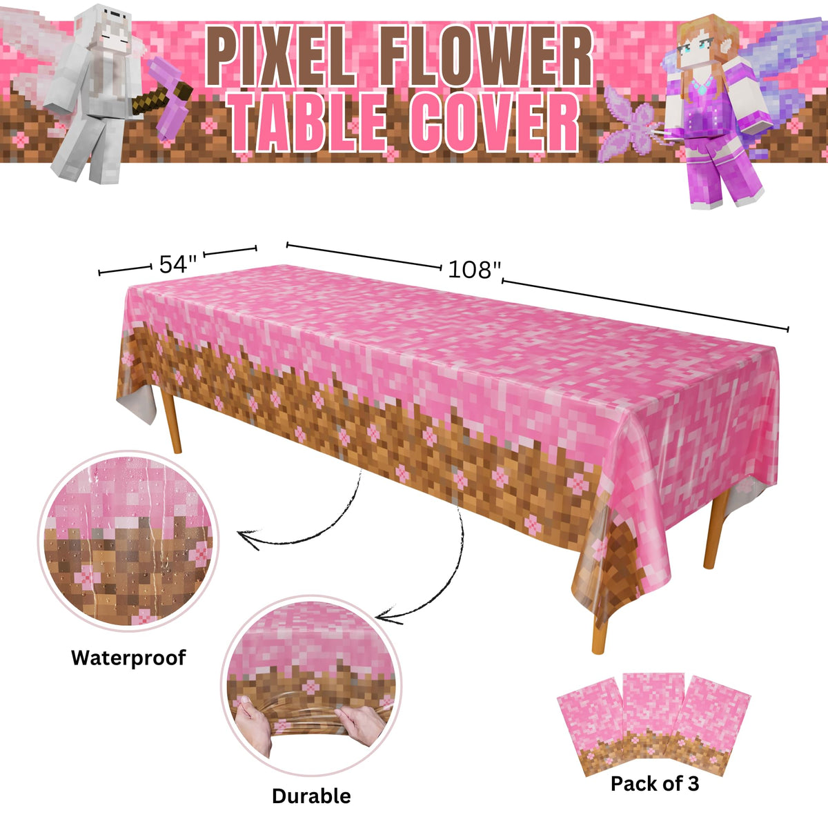 Blue Orchards Pixel Flower Table Cover Pack (3) | Girl Gamer Party Decor