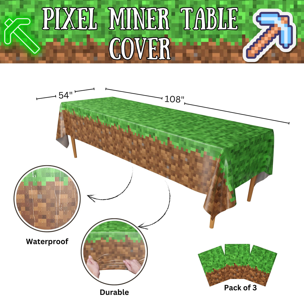 Blue Orchards Pixel Miner Table Cover 3-Pack - 54x108-Inch XL Gaming Party Decor