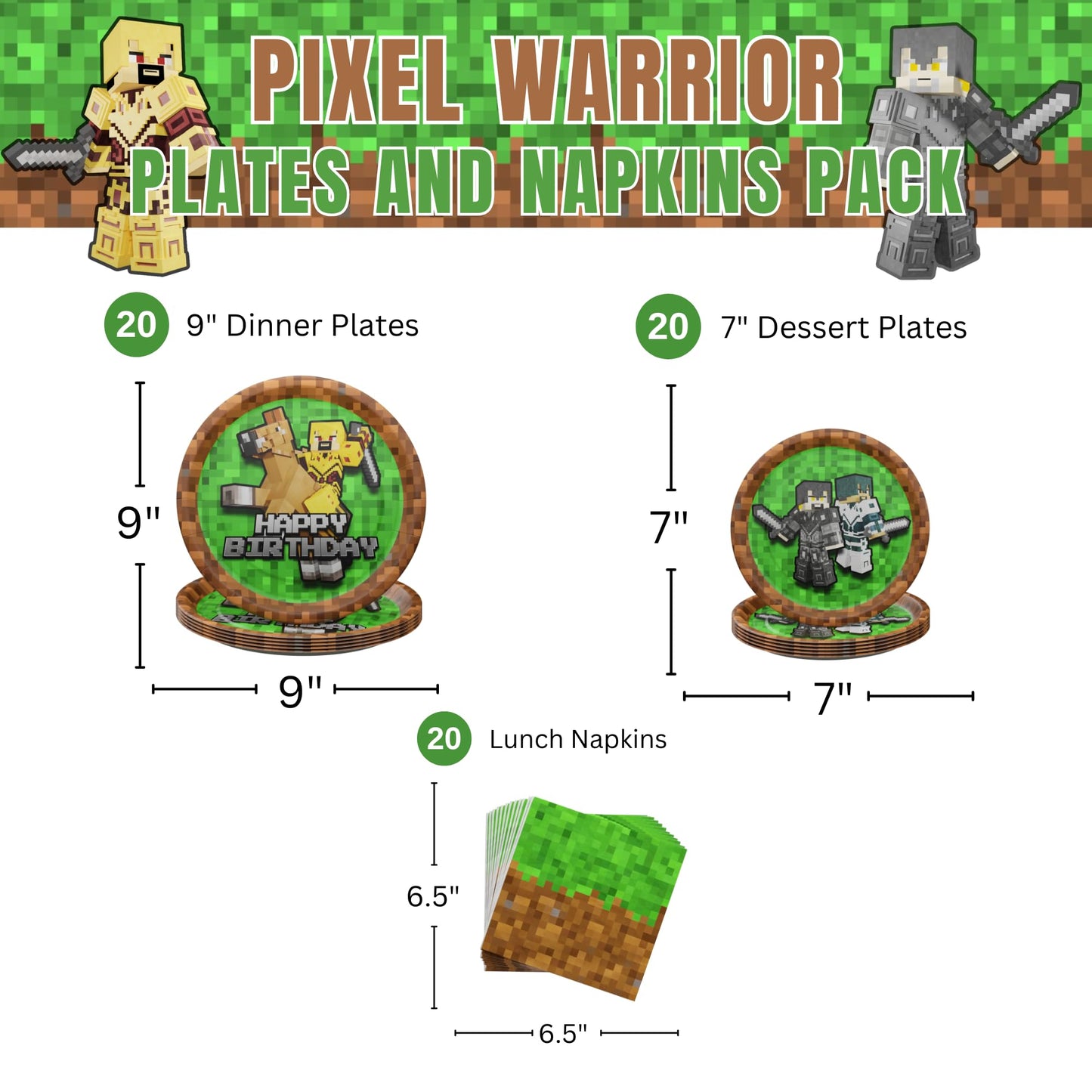 Blue Orchards Pixel Warrior Plates & Napkins (60 pcs) – 20 Guest Video Game Party Supplies
