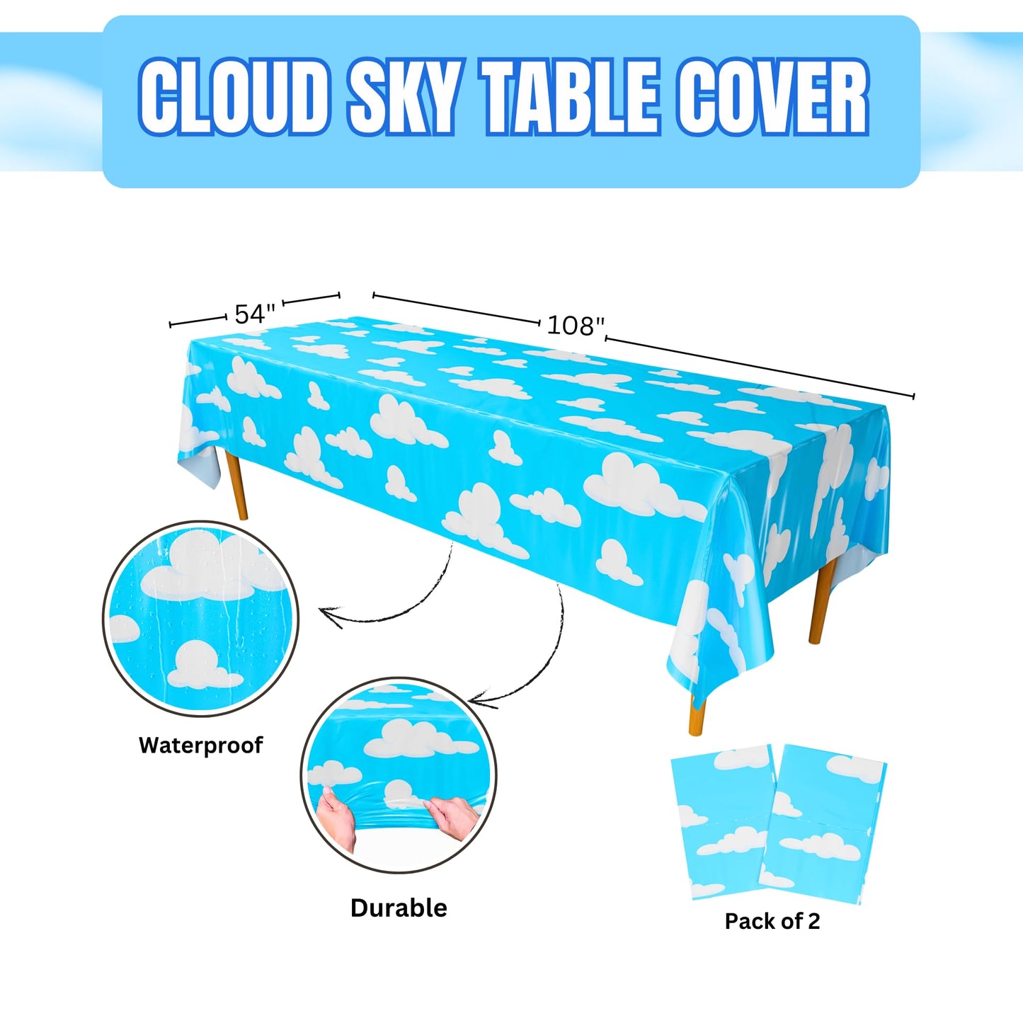 Blue Orchards Cloud Sky Table Covers (2-Pack) – 54x108 XL Tablecloths for Sky Themed Parties