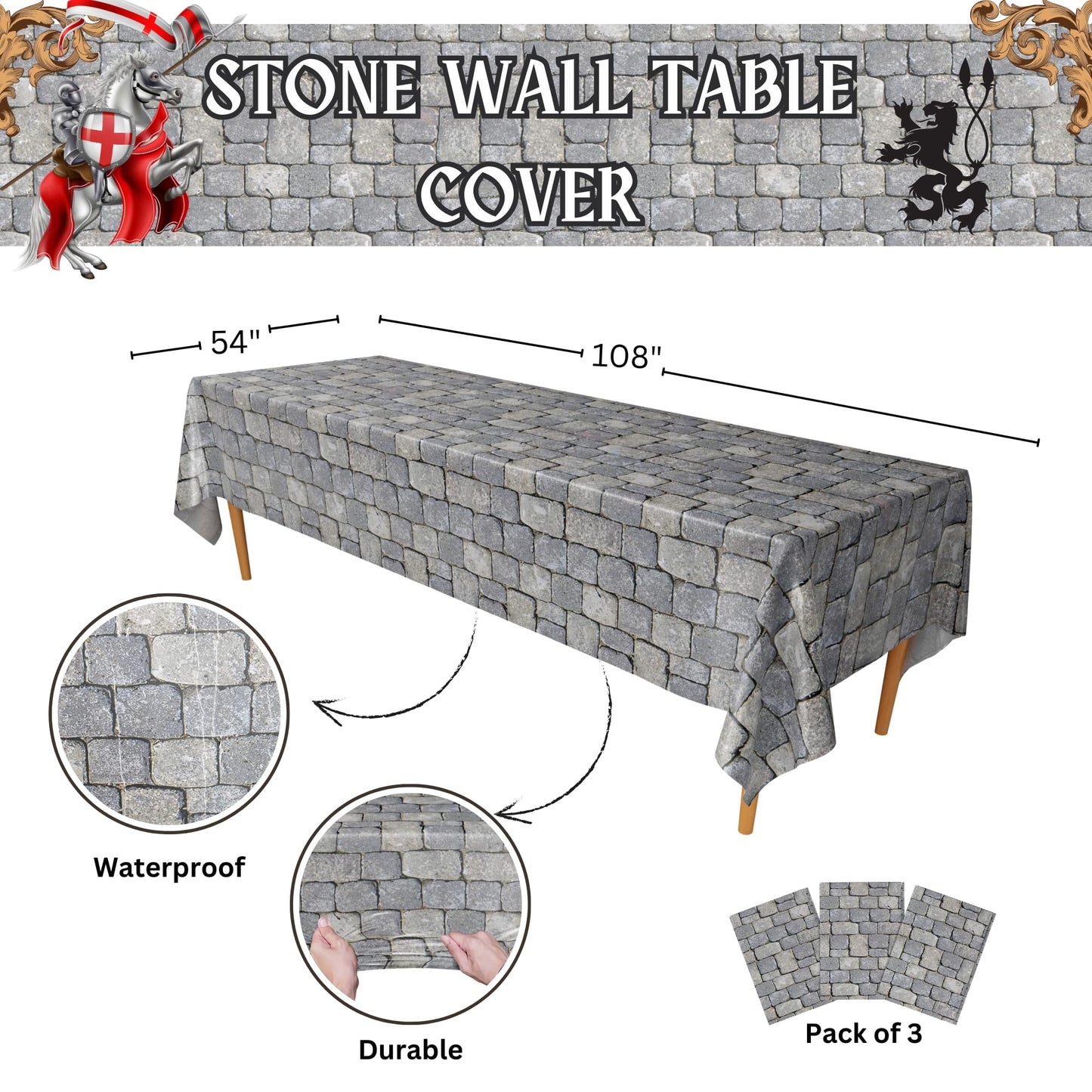 Blue Orchards Stone Wall Table Covers (Pack of 3) — 108x54 XL Medieval Party Decor