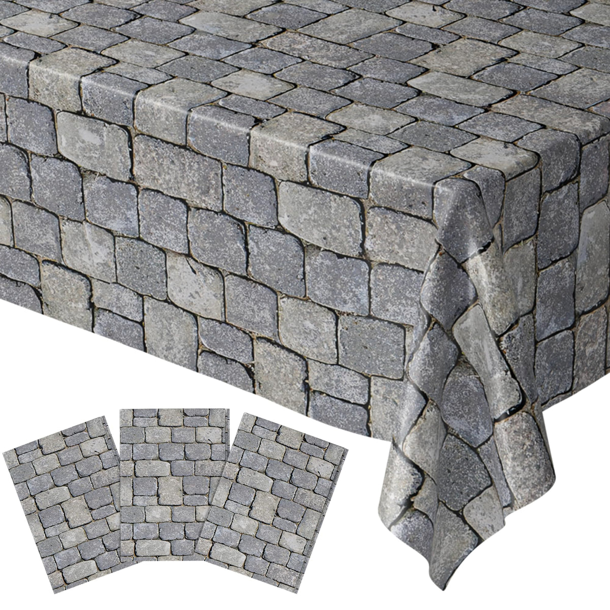 Blue Orchards Stone Wall Table Covers (Pack of 3) — 108x54 XL Medieval Party Decor