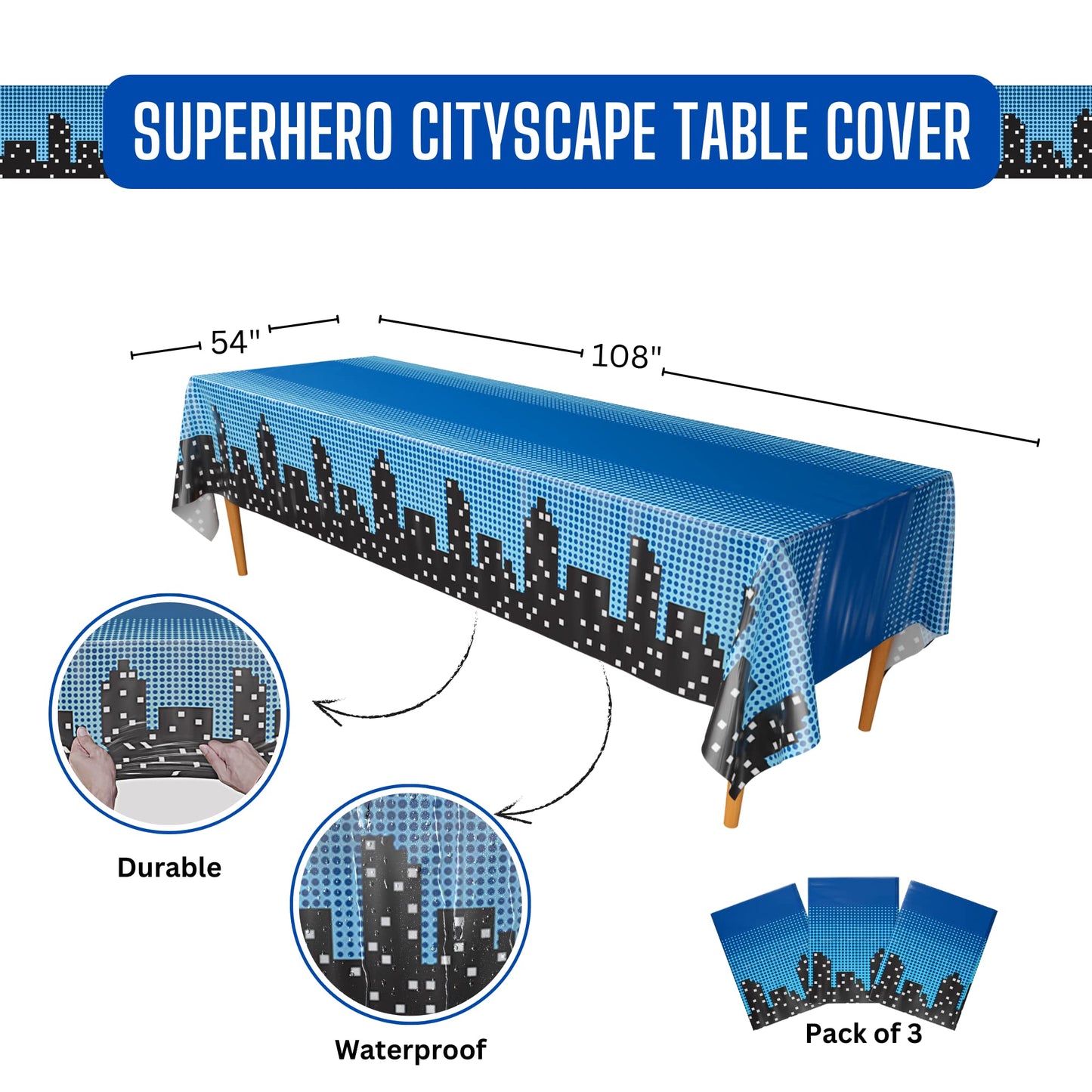 Blue Orchards Superhero Cityscape Table Covers (Pack of 3) 108x54 XL | Birthday Party Decor