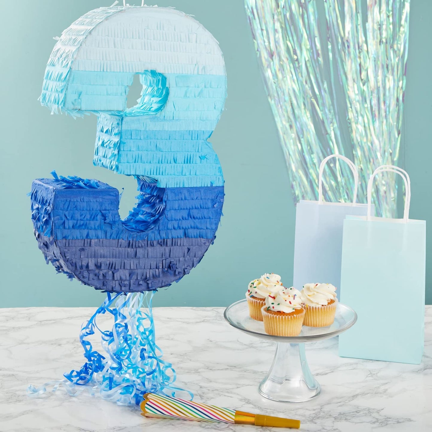 BLUE PANDA Ombre Blue Number 3 Pull String Pinata – Ocean-Themed Birthday Decor, 16.5 x 11.5 in