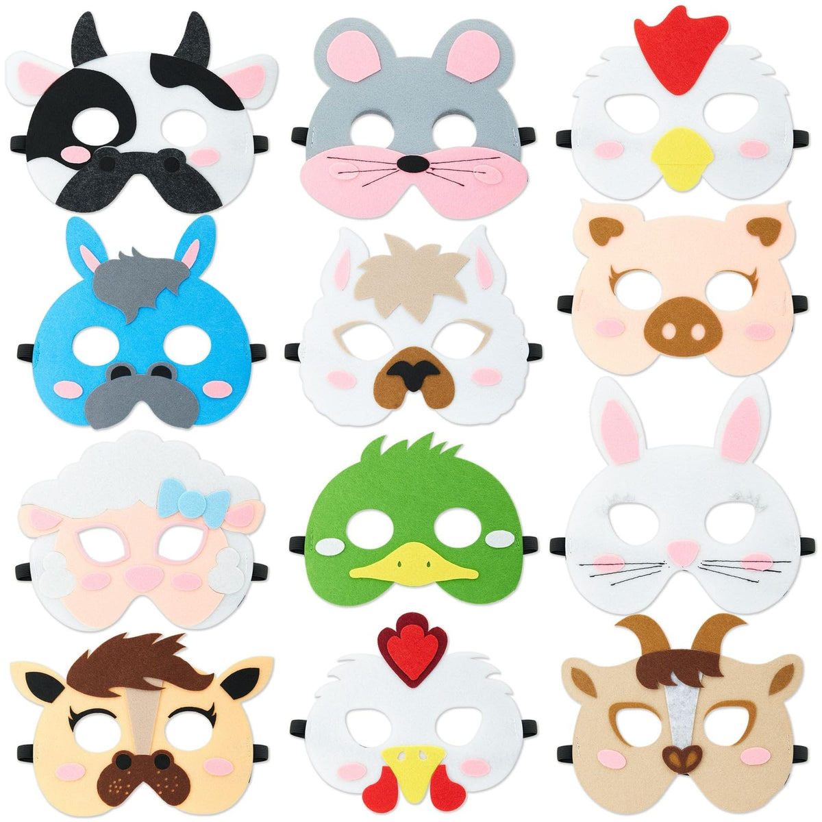 BLUE PANDA 12 Pack Felt Farm Animal Masks for Kids – Dress Up & Pretend Play (7x7 in)