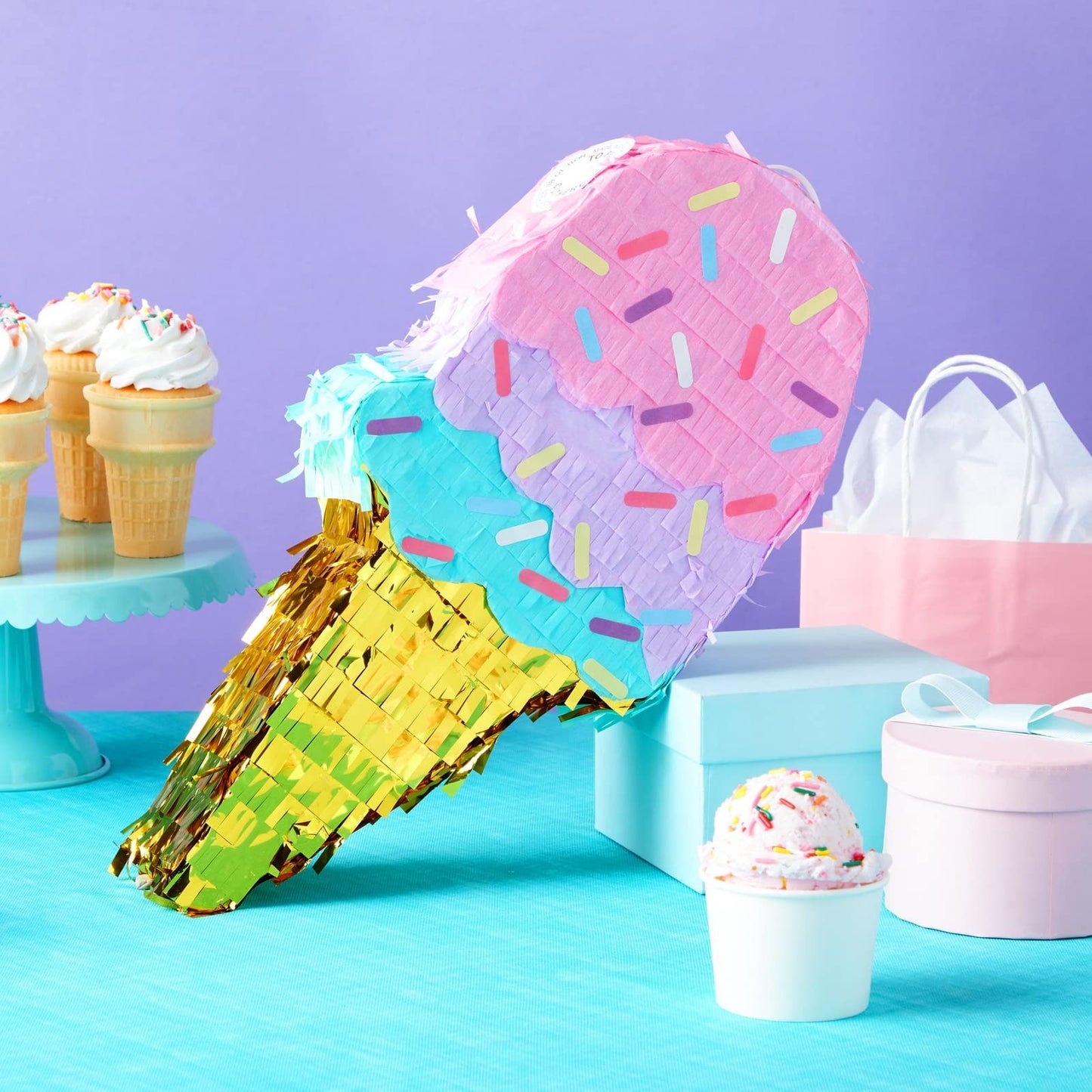 BLUE PANDA Ice Cream Pinata – Birthday Party Decoration & Favors (Small, 16.4 x 7.6 x 2.9 in, Pink/Blue/Yellow)