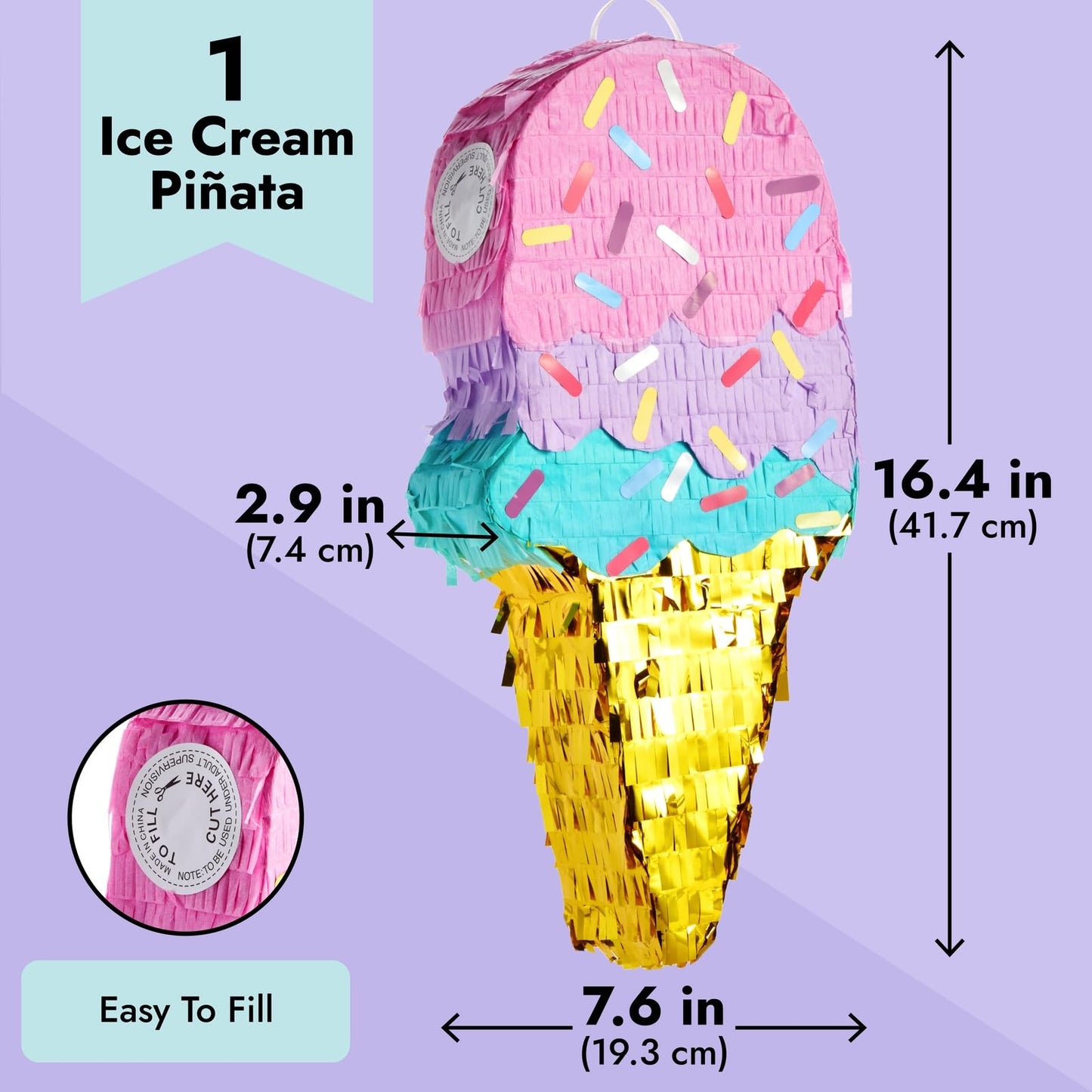 BLUE PANDA Ice Cream Pinata – Birthday Party Decoration & Favors (Small, 16.4 x 7.6 x 2.9 in, Pink/Blue/Yellow)