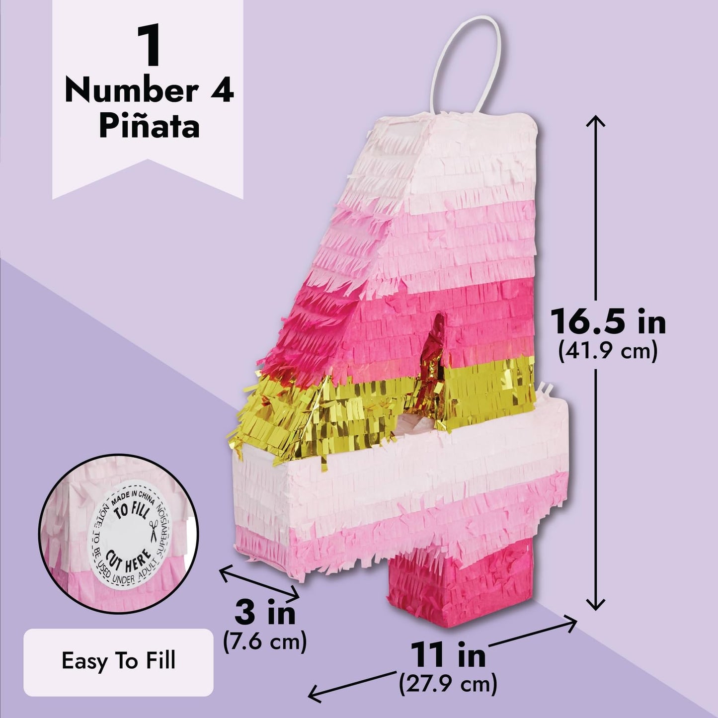 Blue Panda Number 4 Pinata – Pink & Gold Foil, 16.5x11 in, for Girls' 4th Birthday Party