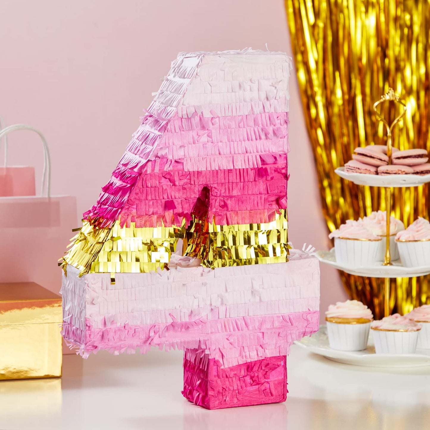 Blue Panda Number 4 Pinata – Pink & Gold Foil, 16.5x11 in, for Girls' 4th Birthday Party