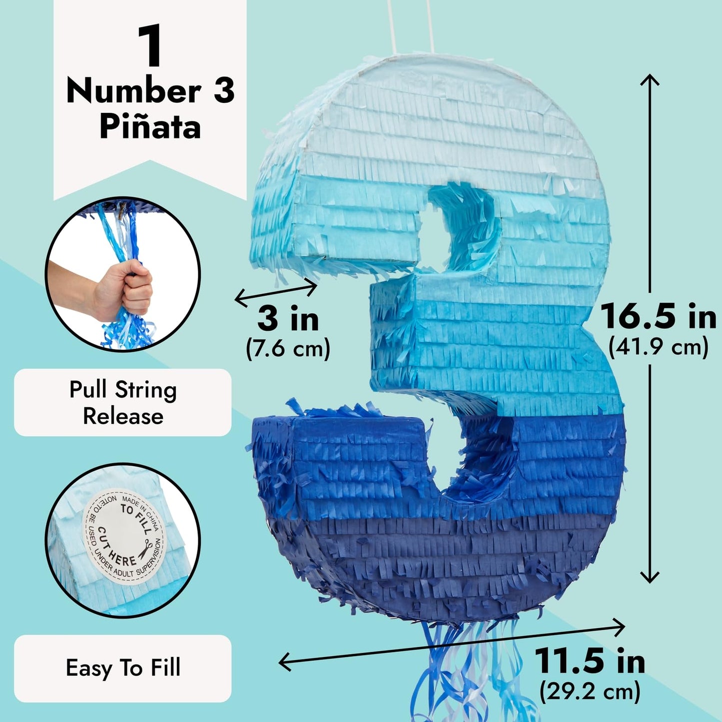 BLUE PANDA Ombre Blue Number 3 Pull String Pinata – Ocean-Themed Birthday Decor, 16.5 x 11.5 in