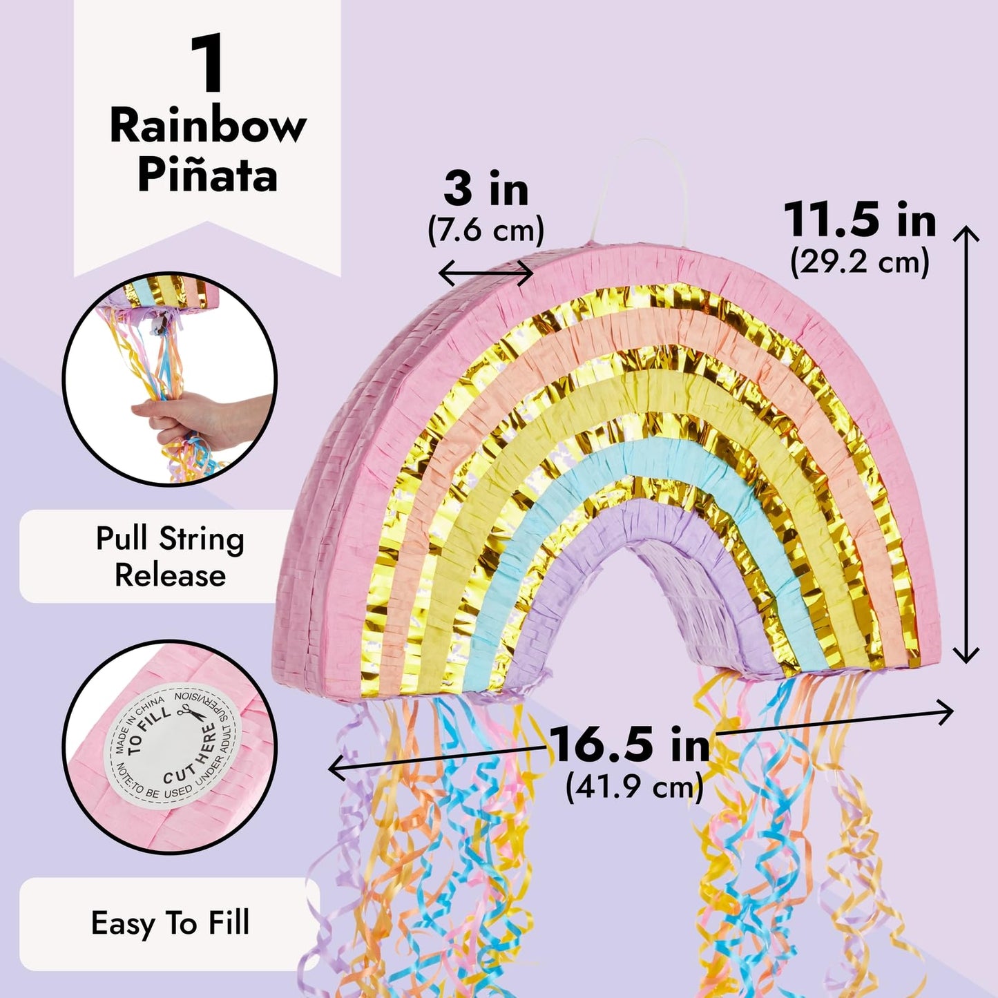 Blue Panda Pull String Rainbow Pinata – Small 16.5 x 10 x 3 in Pastel | Mini Rainbow Birthday Decor