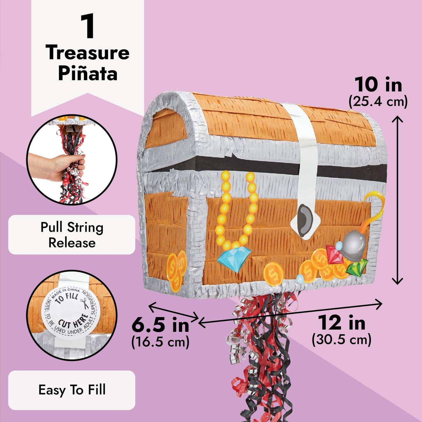 BLUE PANDA Pull String Treasure Chest Pinata – 12x10x6.5-in Pirate Birthday Decor