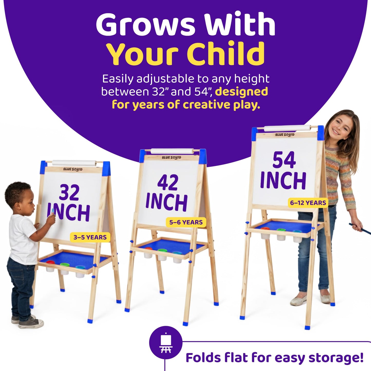 Blue Squid Art Easel for Kids – Adjustable, Double-Sided Chalkboard & Dry Erase Board