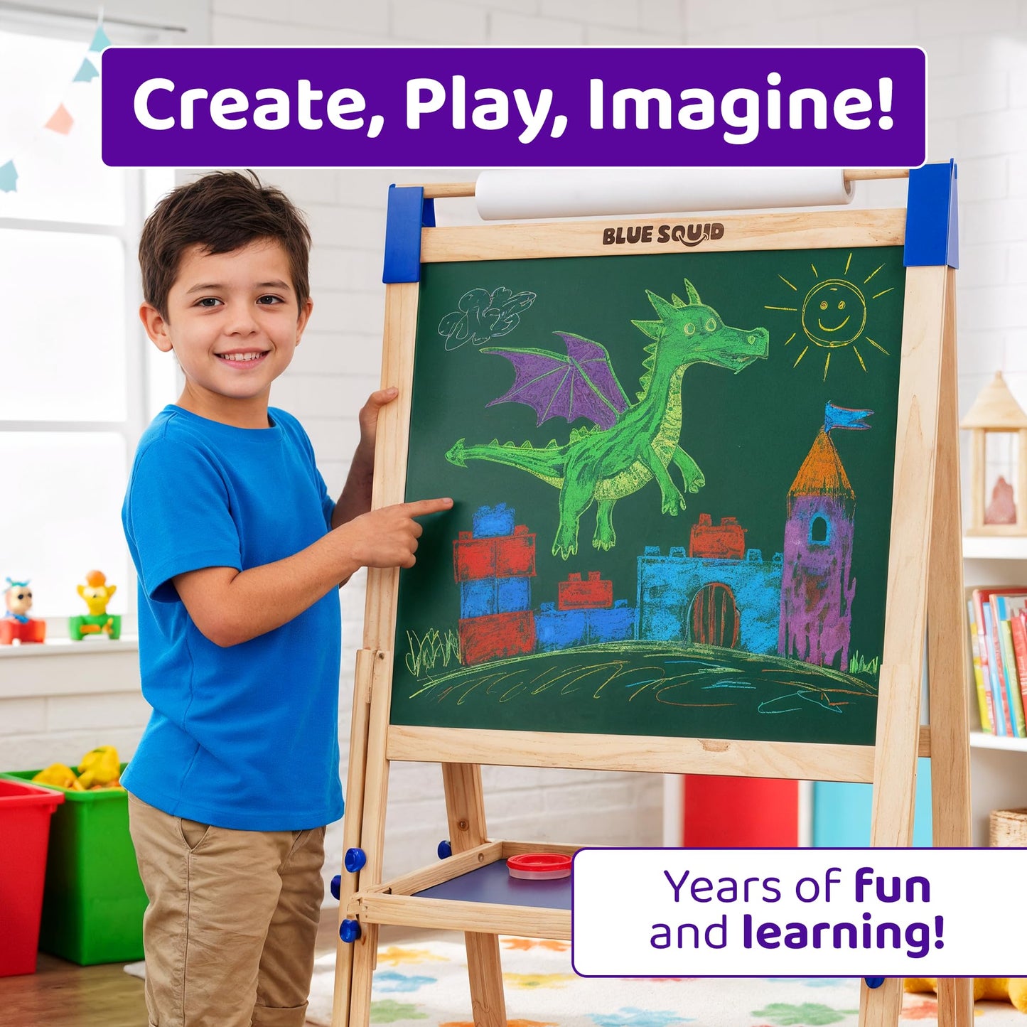 Blue Squid Art Easel for Kids – Adjustable, Double-Sided Chalkboard & Dry Erase Board
