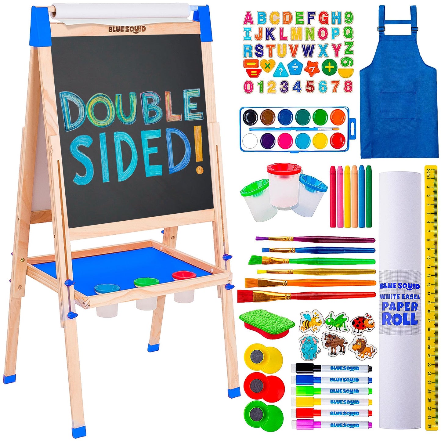 Blue Squid Art Easel for Kids – Adjustable, Double-Sided Chalkboard & Dry Erase Board