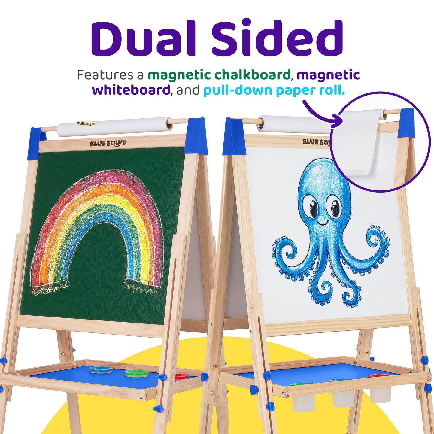 Blue Squid Art Easel for Kids – Adjustable, Double-Sided Chalkboard & Dry Erase Board