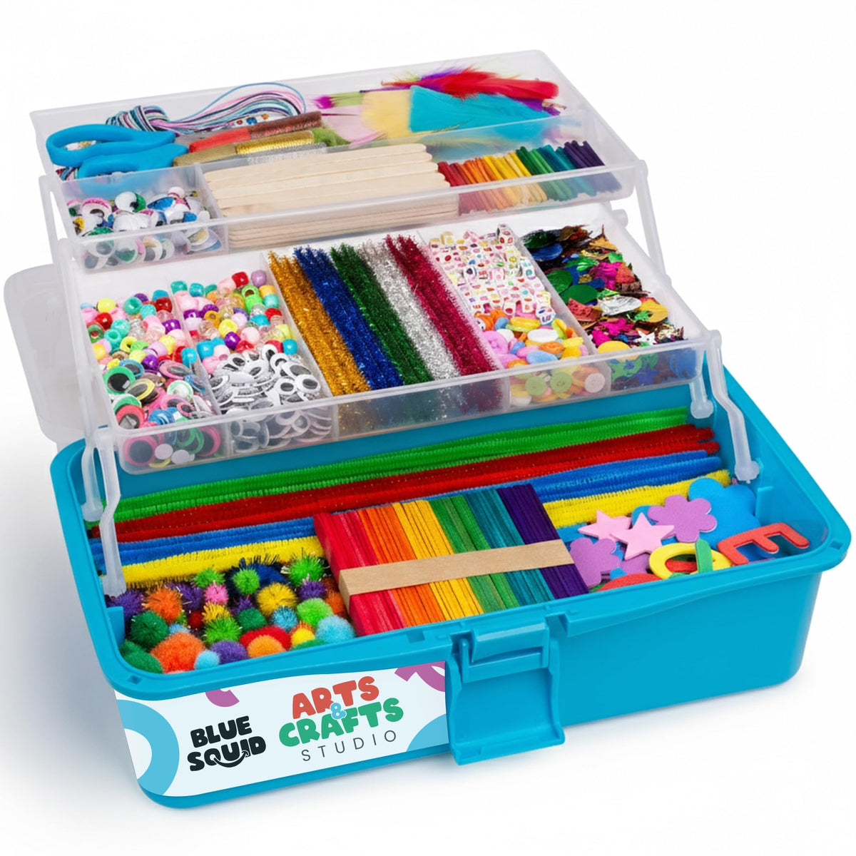 Blue Squid Arts & Crafts Box: Deluxe 2800+ Supplies, 2 Drawers, 18 Compartments | Gift for Kids 4-12